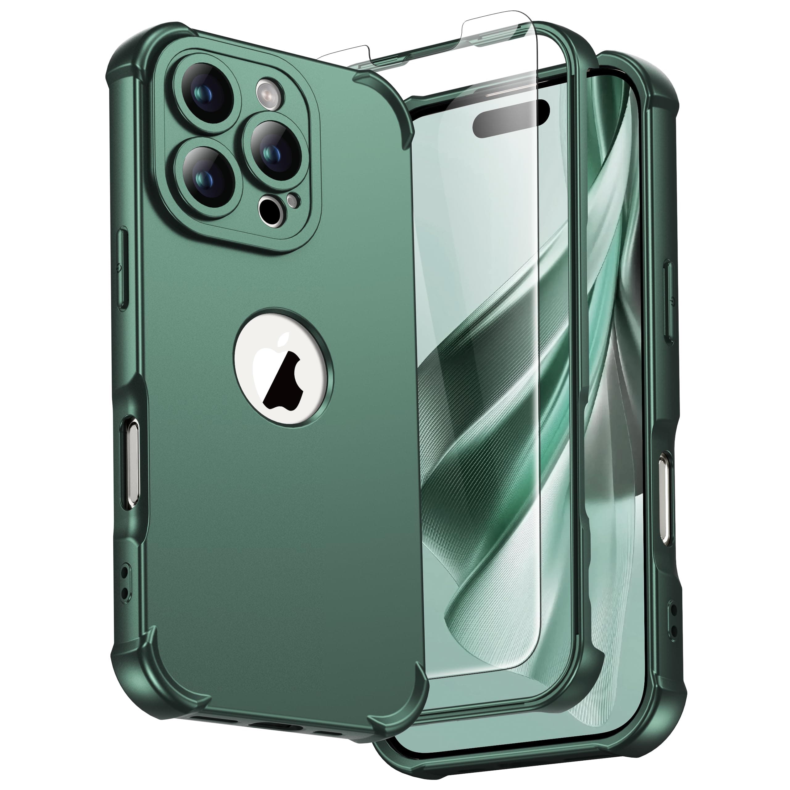 ORETECH Coque pour iPhone 16 Pro + 2 Pièces Verre Trempé Protection écran, Antirayures Rigide PC et Souple TPU Arrière Protection Antichoc Militaire Etui pour iPhone 16 Pro 6,3 Pouces, Vert