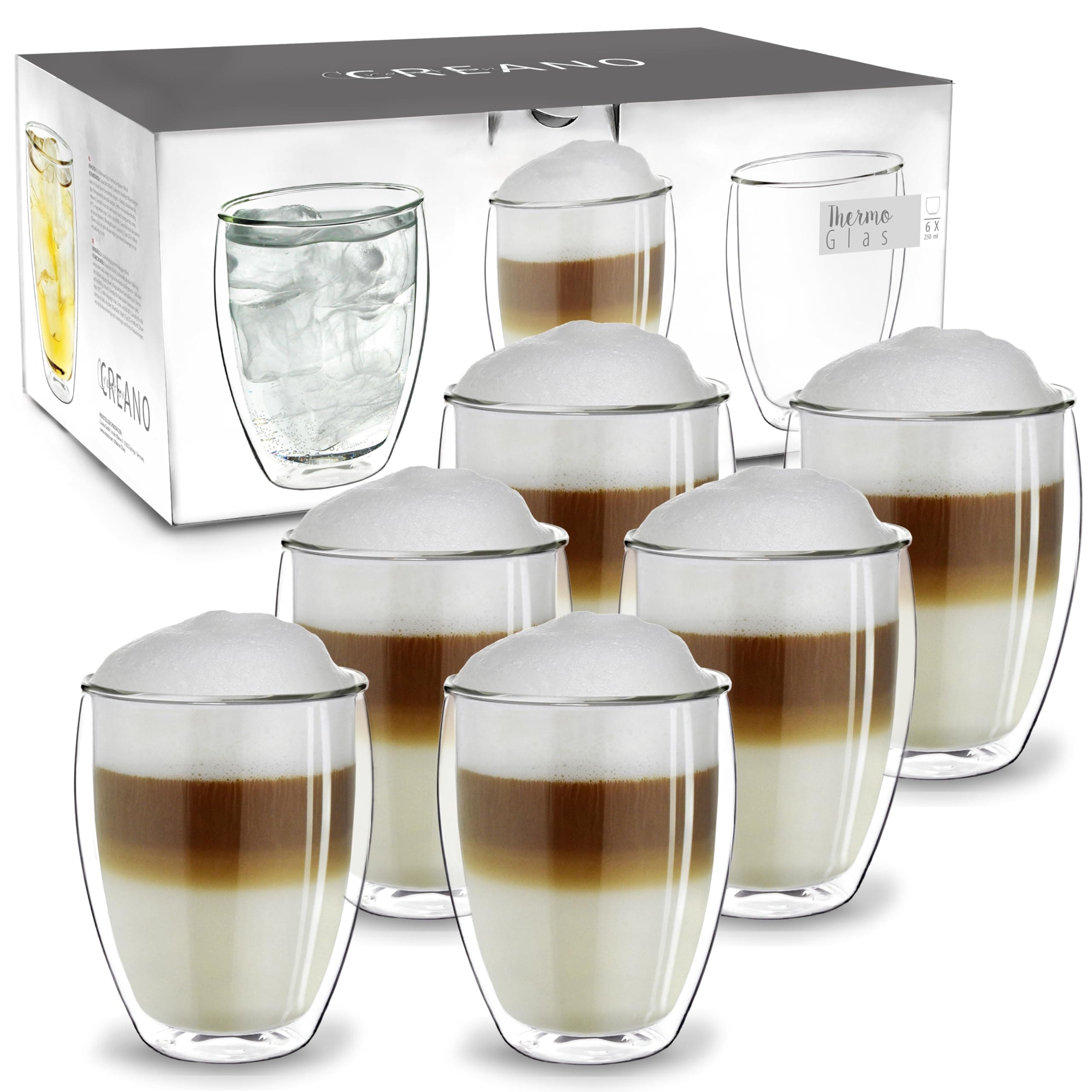 Creano Set 6 Tazze Cappuccino 250ml Doppia Parete in Vetro Borosilicato – Bicchieri Termici Isolanti per Caffè Tè Latte – Design Elegante Regalo Premium - Set 03: 6x 250ml 6 pezzi (confezione da 1)
