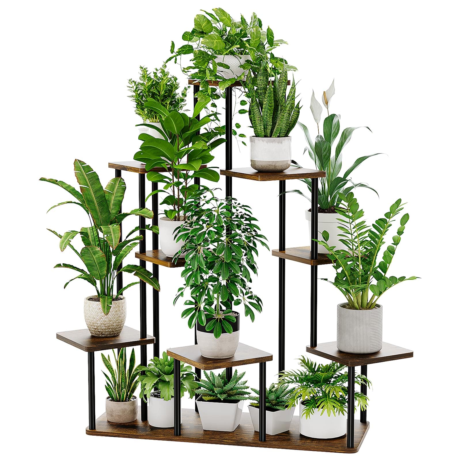 Bamworld Soporte para plantas de interior de 9 niveles, escalera de madera y metal, estantería de plantas de varios niveles para salón, balcón y pasillo, color marrón oscuro
