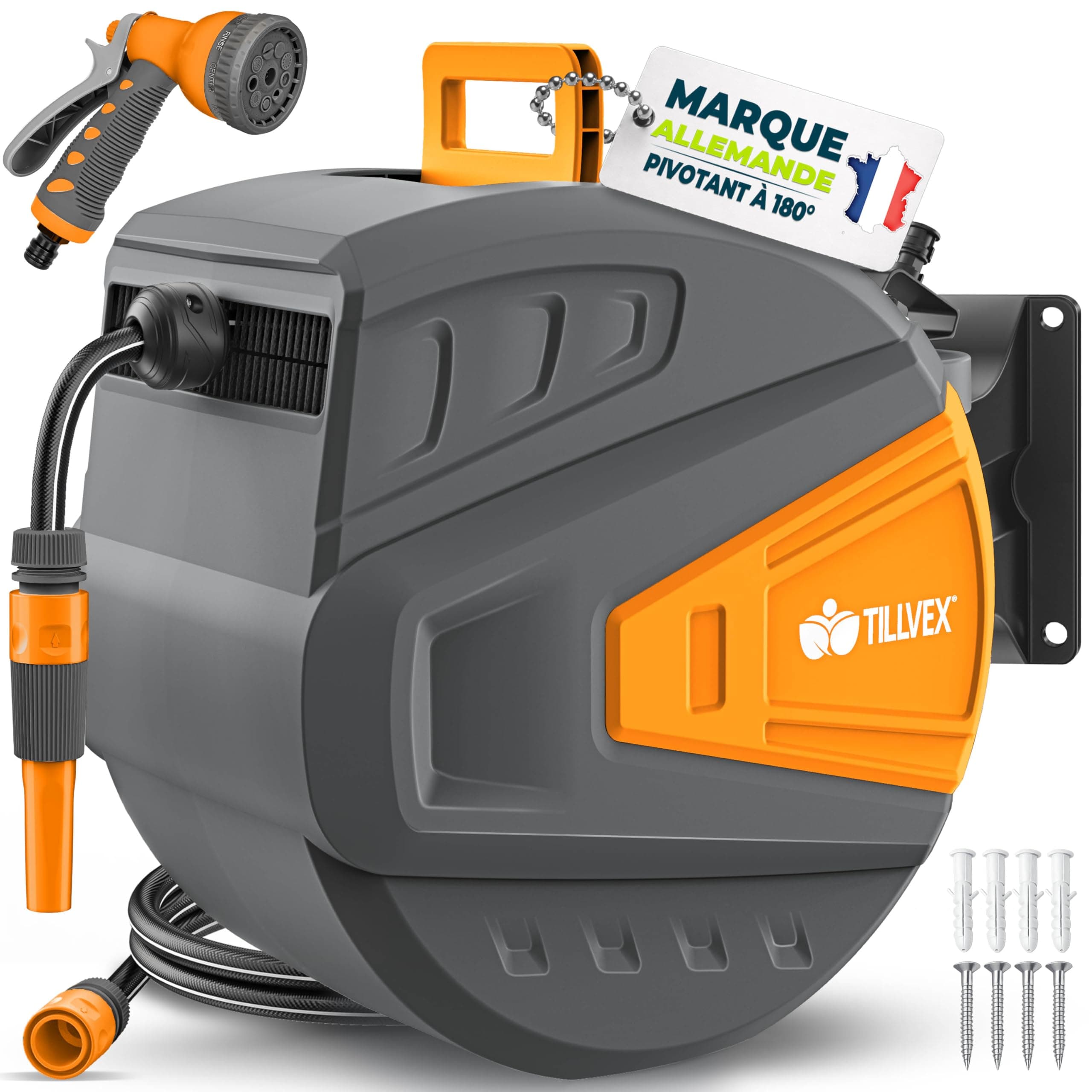 tillvex Enrouleur de Tuyau d'arrosage pour Jardin 20+2m avec support mural + poignée | Dévidoir pour tuyau avec pistolet à eau et tuyau d'arrosage | Pivotant à 180° (Anthracite/Orange, 30m)