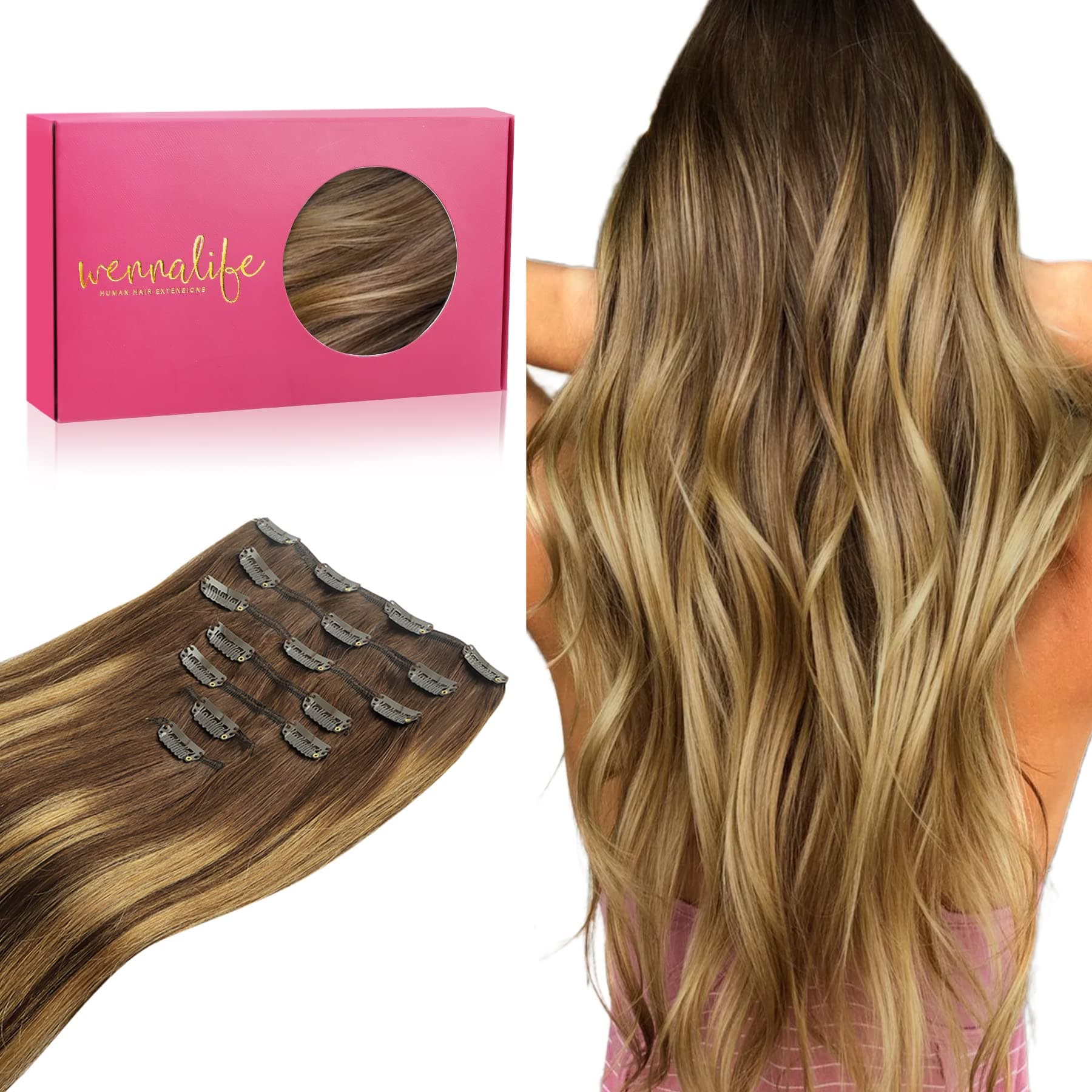 WENNALIFE Extension Capelli Veri Clip, 60cm 120g 7pcs Extension Clip Capelli Veri Balayage Marrone Cioccolato a Biondo Caramello Remy Umani Naturali Capelli Extension con Clip