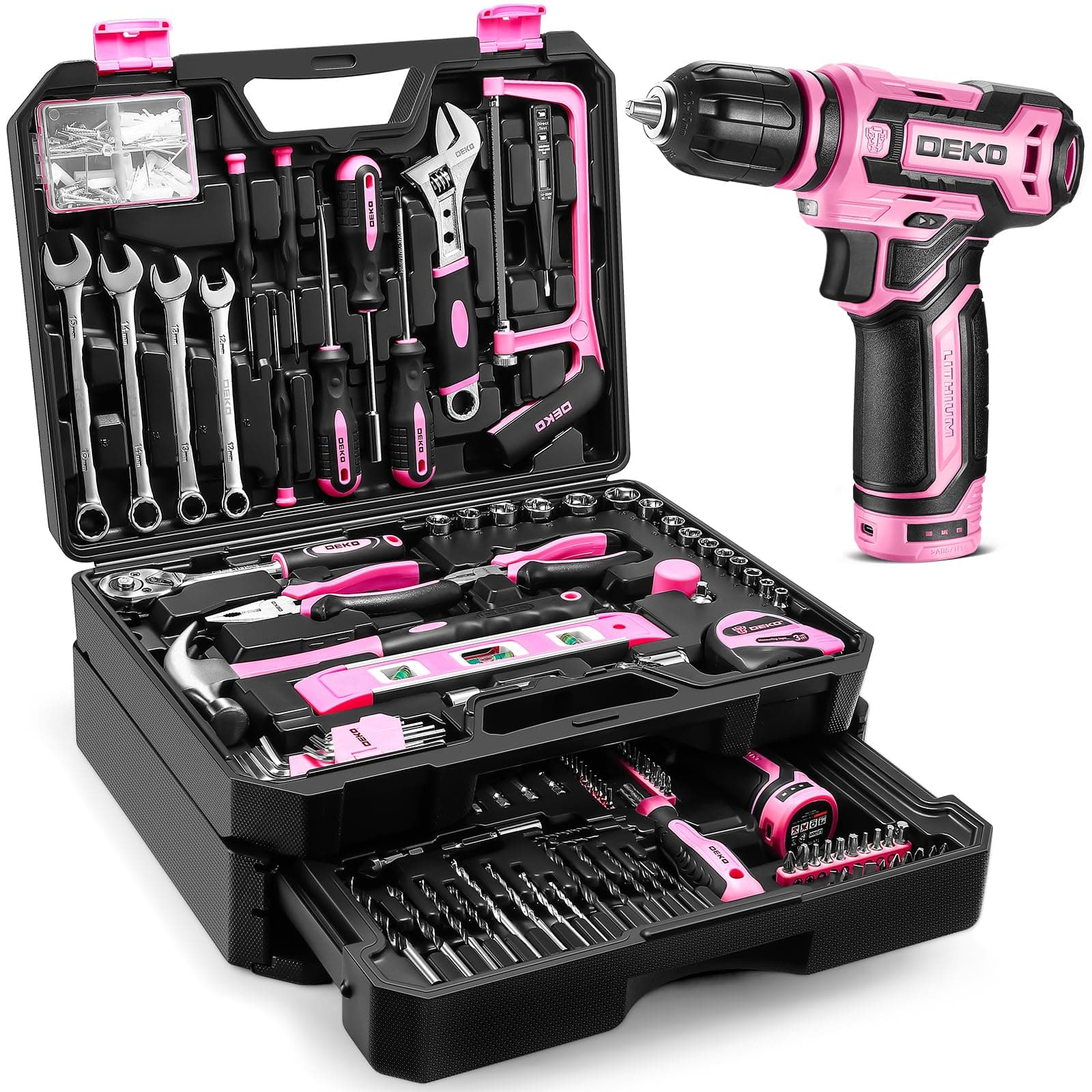 DEKO Caja Herramientas Completa Eléctricas 238 Piezas Rosa con 12V Taladro Eléctrico sin Cuerda, 10 mm Chuck sin Llave, Caja profesional de herramientas Domésticas de Bricolaje para Oficinas y Jardín