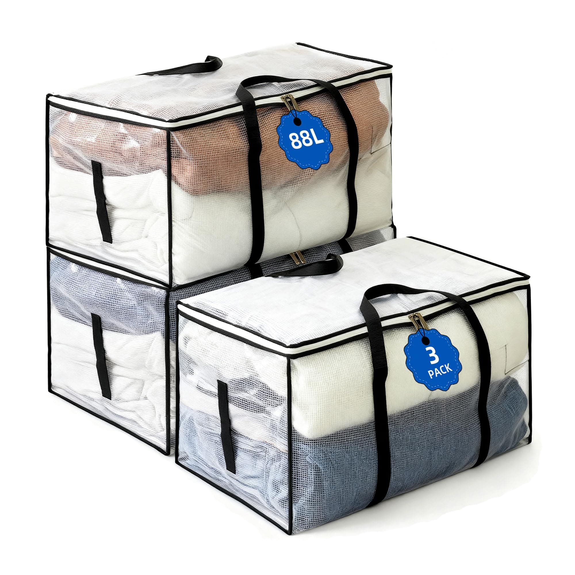 NEWSONA 3 Pezzi Borse Trasloco 88L, Contenitori Pieghevoli Trasparenti in PVC Rinforzato 135 g/m², per Vestiti Piumoni Biancheria, Maniglie Rinforzate, Doppia Cerniera in Metallo
