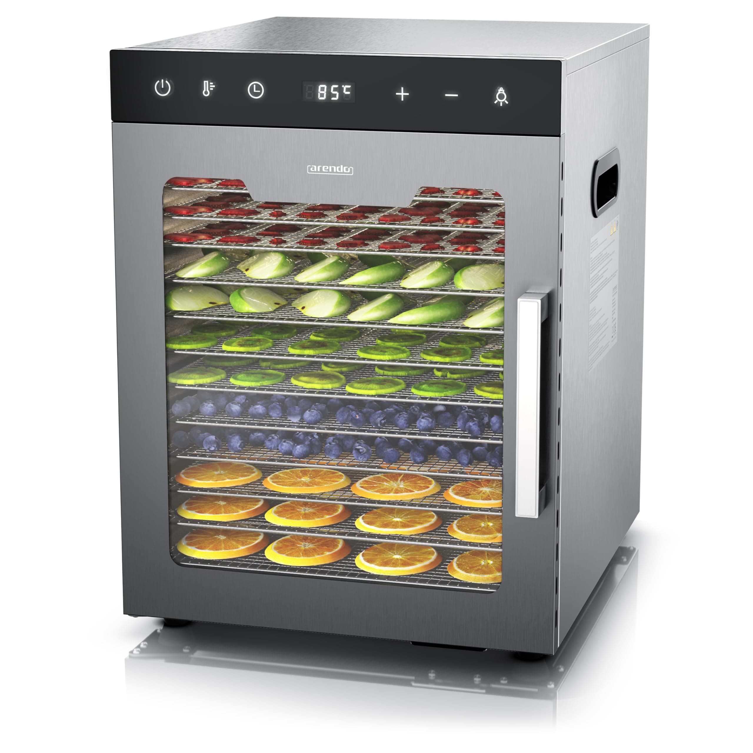 Arendo - Dörrautomat Edelstahl mit 12 Edelstahlgitter - 800 W - 30°- 90°C - 12 Edelstahl Einlegetabletts mit insgesamt 10.000 cm² - Dörrgerät Dehydrator Obsttrockner Dörrapparat - Obst Fleisch Pilze