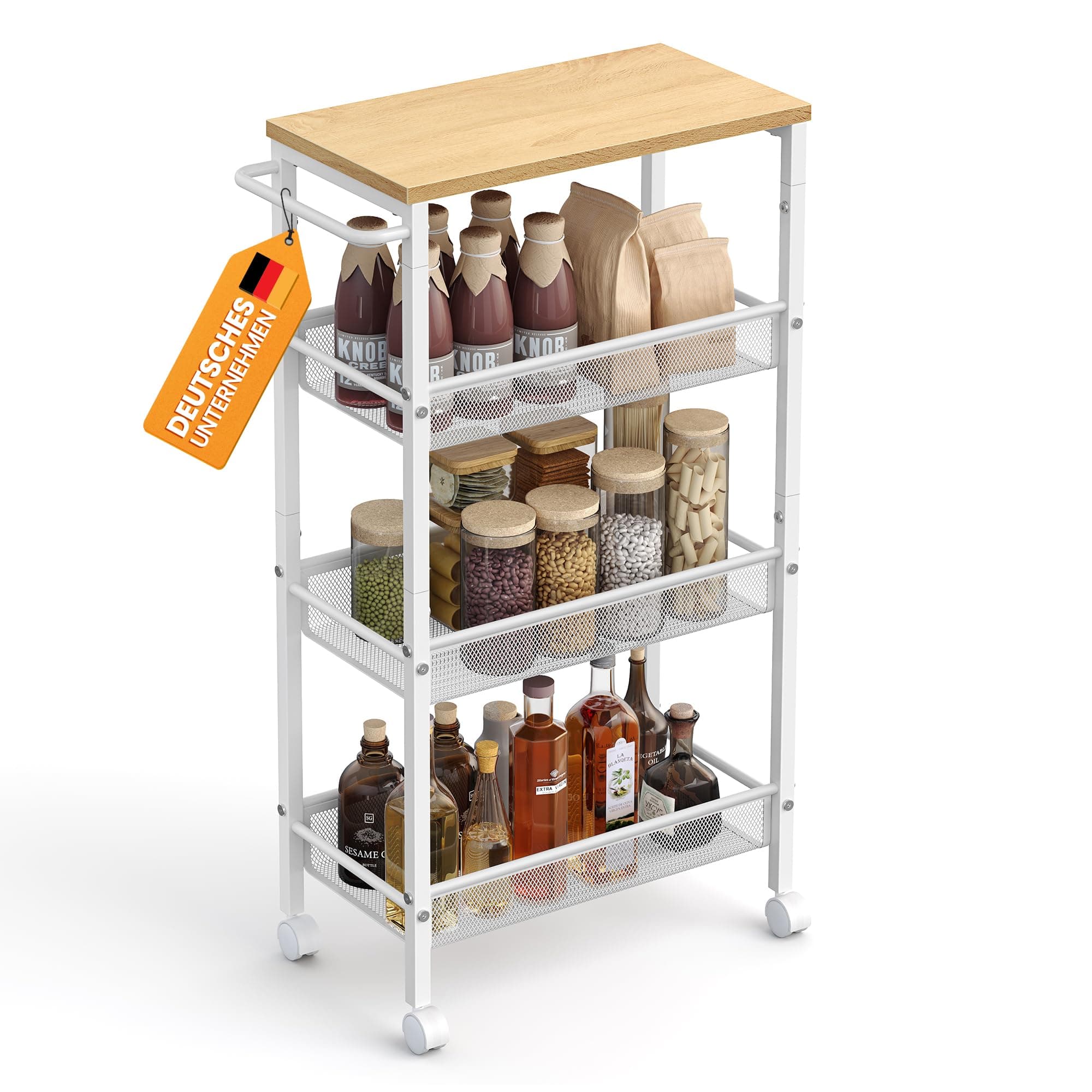 VASAGLE Rollwagen 4 Ebenen, Küchenwagen schmal, Nischenregal auf Rollen, Stahl, Griff, für kleine Räume, 22 x 45,4 x 77 cm, Küche, Bad, Wohnzimmer, Arbeitszimmer, eichenfarben-weiß LRC033W09