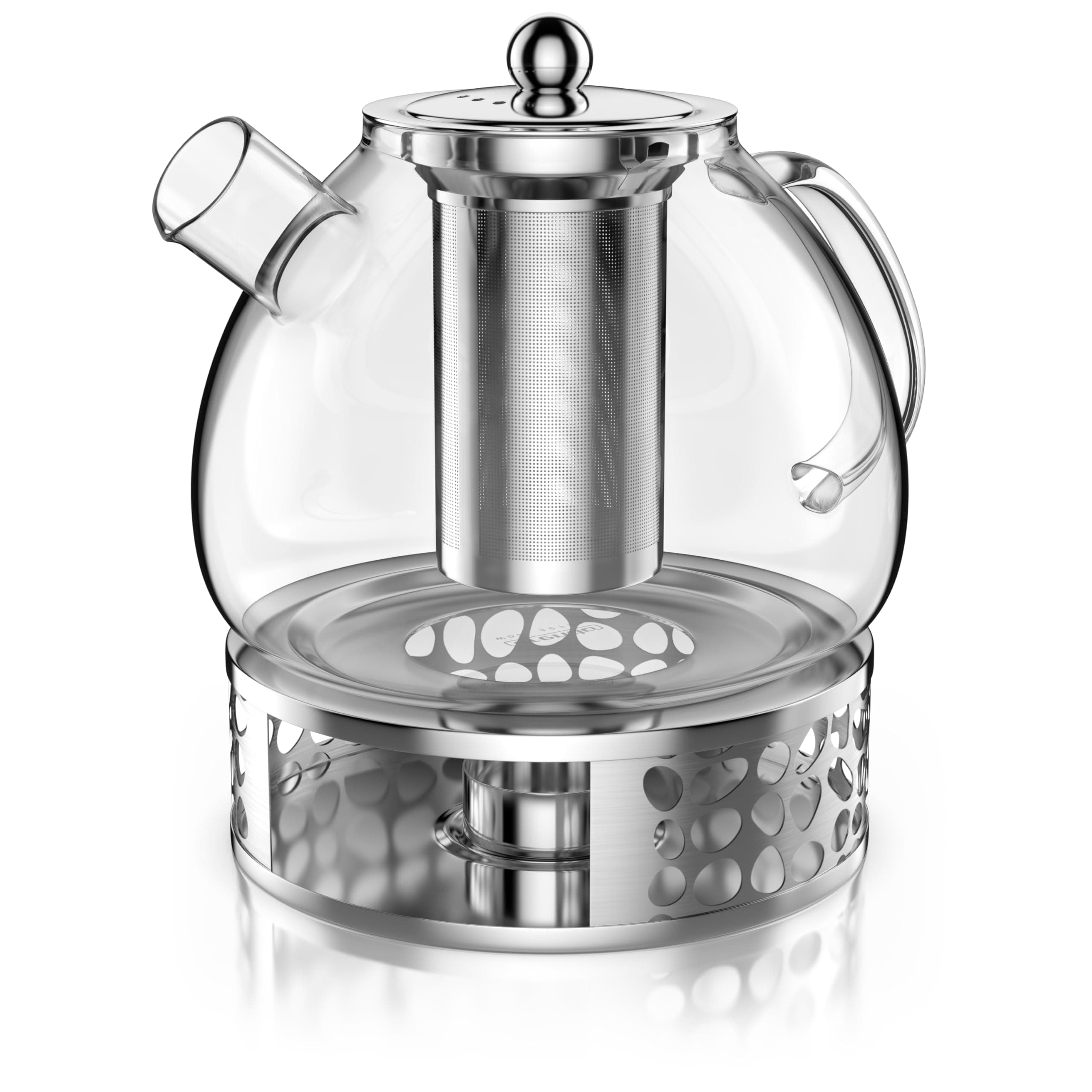 Arendo - Glas Teekanne mit Stövchen - mit Sieb - 1500 ml – aus Borosilikatglas – mit Edelstahlsieb – feinmaschig – hitzebeständig – Glasteekanne – für losen Tee Kräutertee Früchtetee – Teekocher – lan