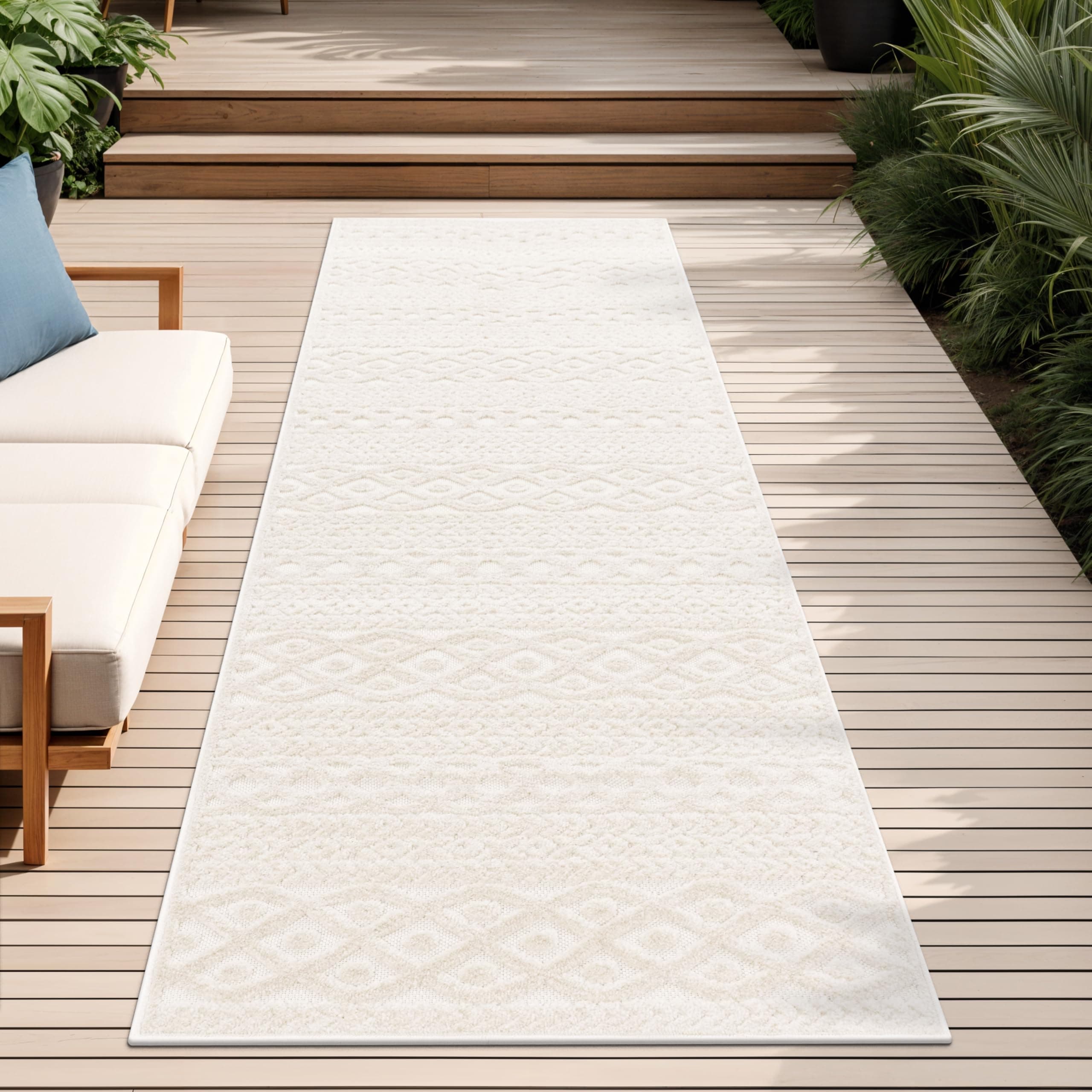 Paco Home Teppich In- & Outdoor, Moderne abstrakte Boho Designs mit 3D Struktur, robust & wetterfest, ideal für Terrasse Wohnzimmer & Küche, Grösse:80x150 cm, Farbe:Creme 4