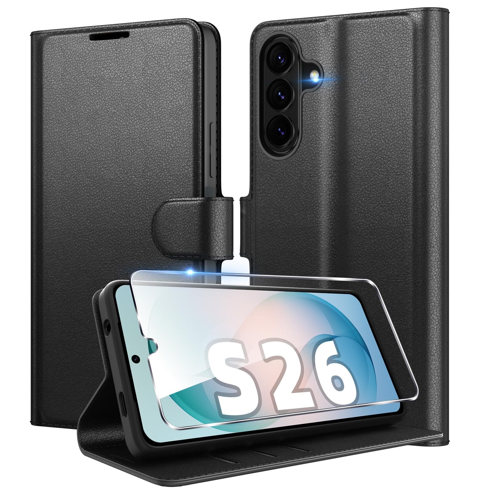Eirltiy Coque pour Samsung Galaxy S26 en Premium Cuir PU, Portefeuille Housse Etui pour Cartes Protection Anti-Choc Flip Case avec 1 Verre Trempé Noir