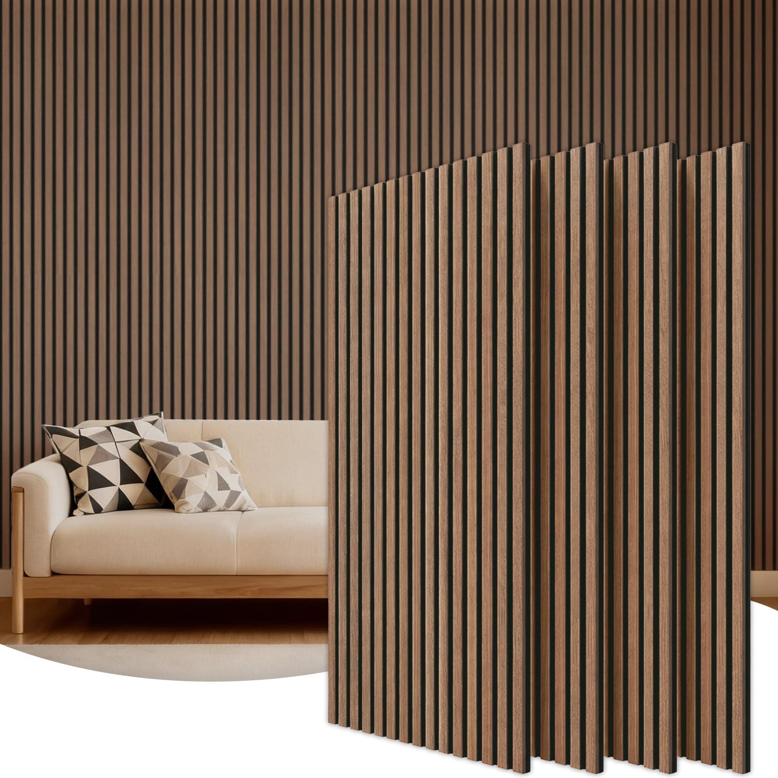 TONOR Lot de 4 Panneau Mural Decoratif de Bois, 120 x 60-2.88㎡, Panneaux Acoustique en 3D, Tasseau Bois Mural Insonorisants pour le Salon, le Bureau, Comptoir îlot, Studio de musique, Noyer