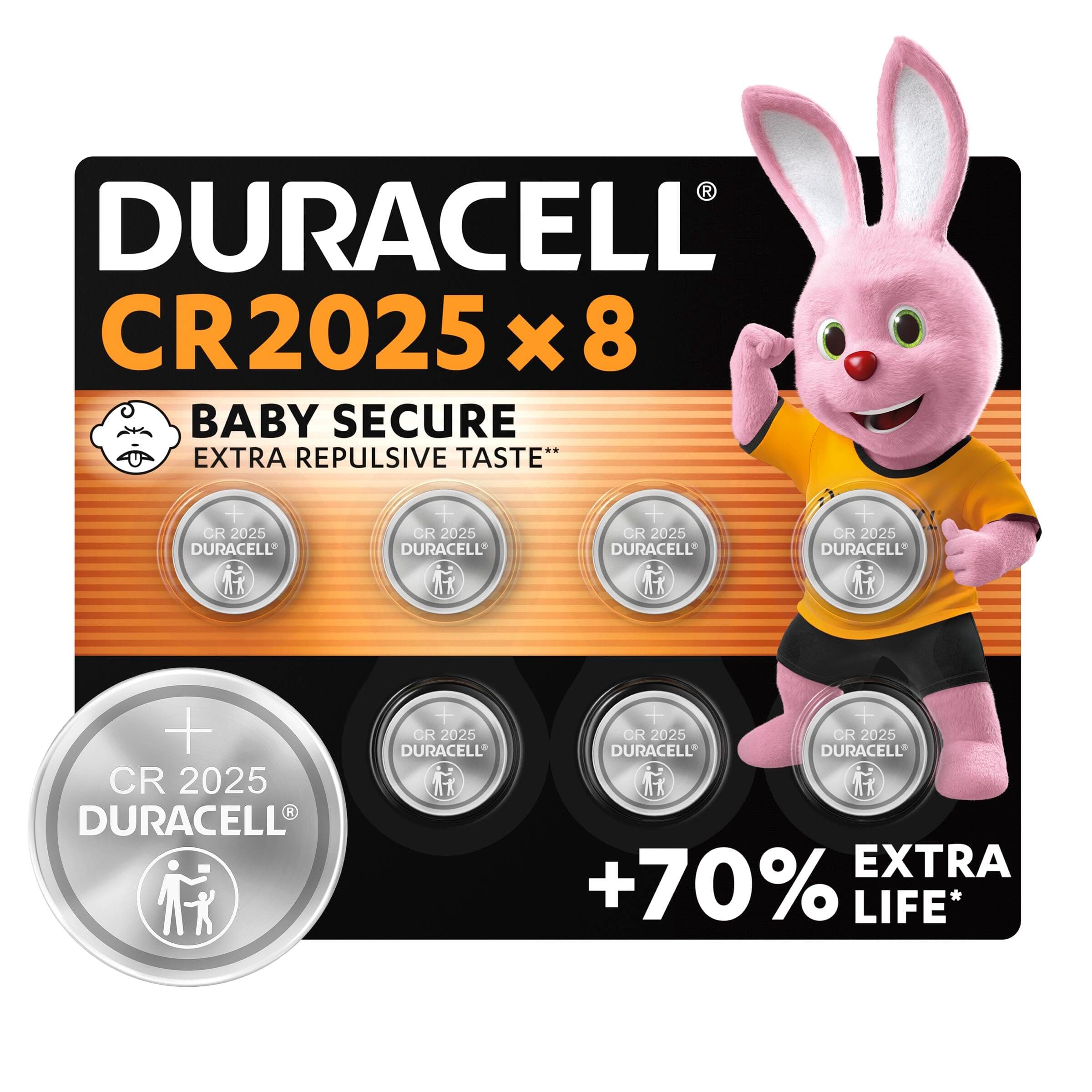 Duracell Batterie a moneta al litio 2025 da 3 V (confezione da 8) - Fino al 70% di extra durata - Tecnologia Baby Secure - Pila per chiavi auto, orologi fitness, occhiali 3D