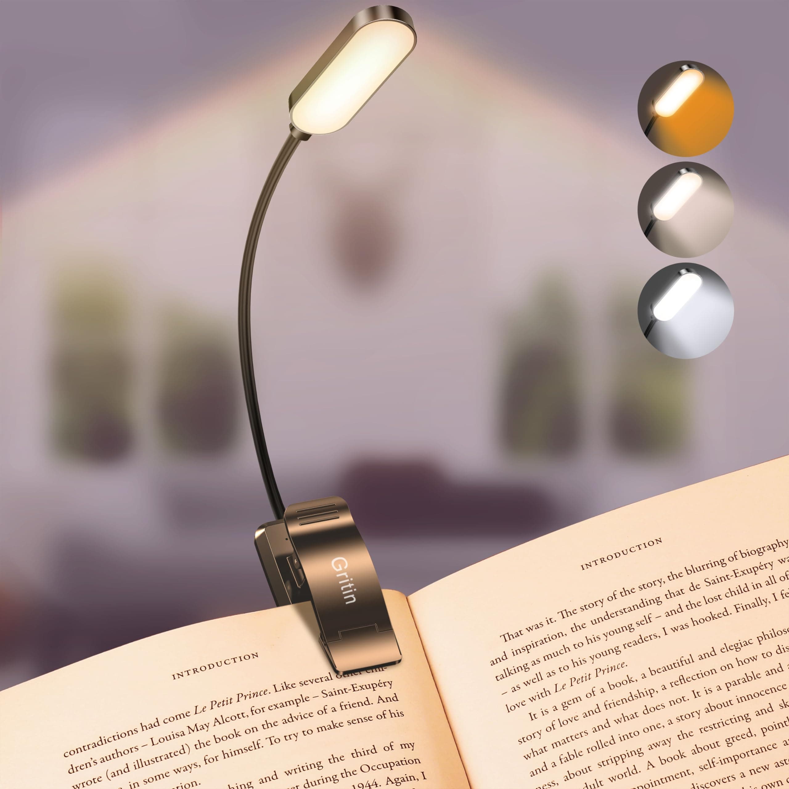 Gritin 16 LED Luce per Lettura Libri a Letto, Ricaricabile Lampada Luce da Lettura per Libro con Clip, 3 Temperatura Colore & Dimmeraggio Sostenibile, 360°Flessibile Lampada Libro per Notturna