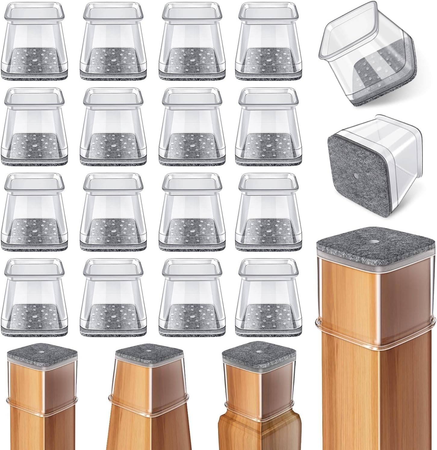 Gommini Per Sedie Quadrati, 24 Pezzi Feltrini per Sedia in Silicone Trasparente con Feltro, Antigraffio in feltro per sedie, tappi protettivi per gambe di per pavimenti in Legno(Fit:27-39mm)