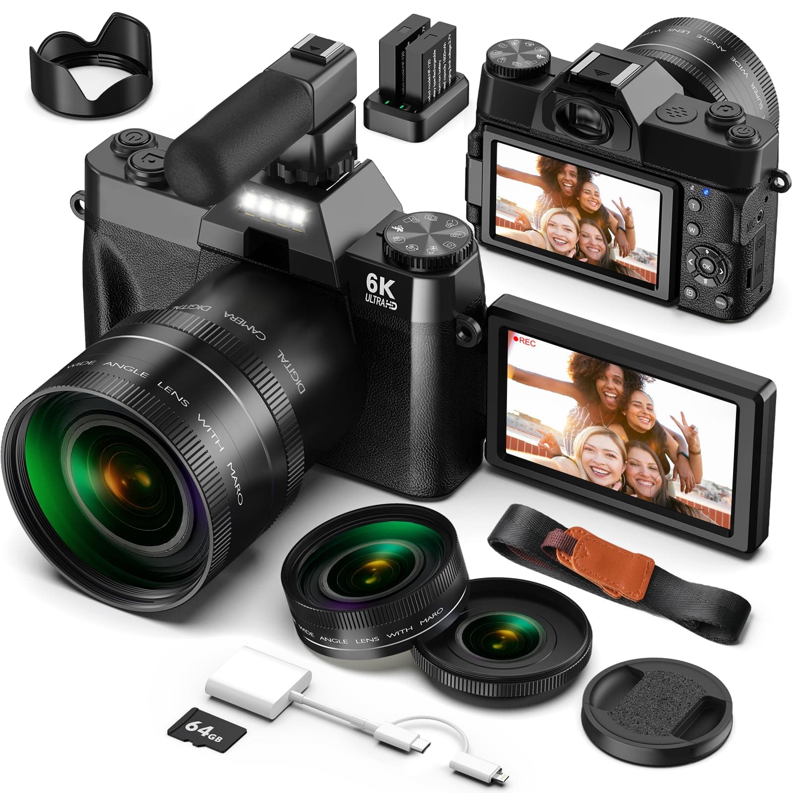 Appareil Photo Numérique 6K 64MP pour Vlog avec WiFi, Carte TF 64 Go, Microphone, Autofocus, Zoom 16X Appareil Photo Compact et Portable pour Youtube, Voyage, Débuteurs, Objectif Macro et Grand Angle