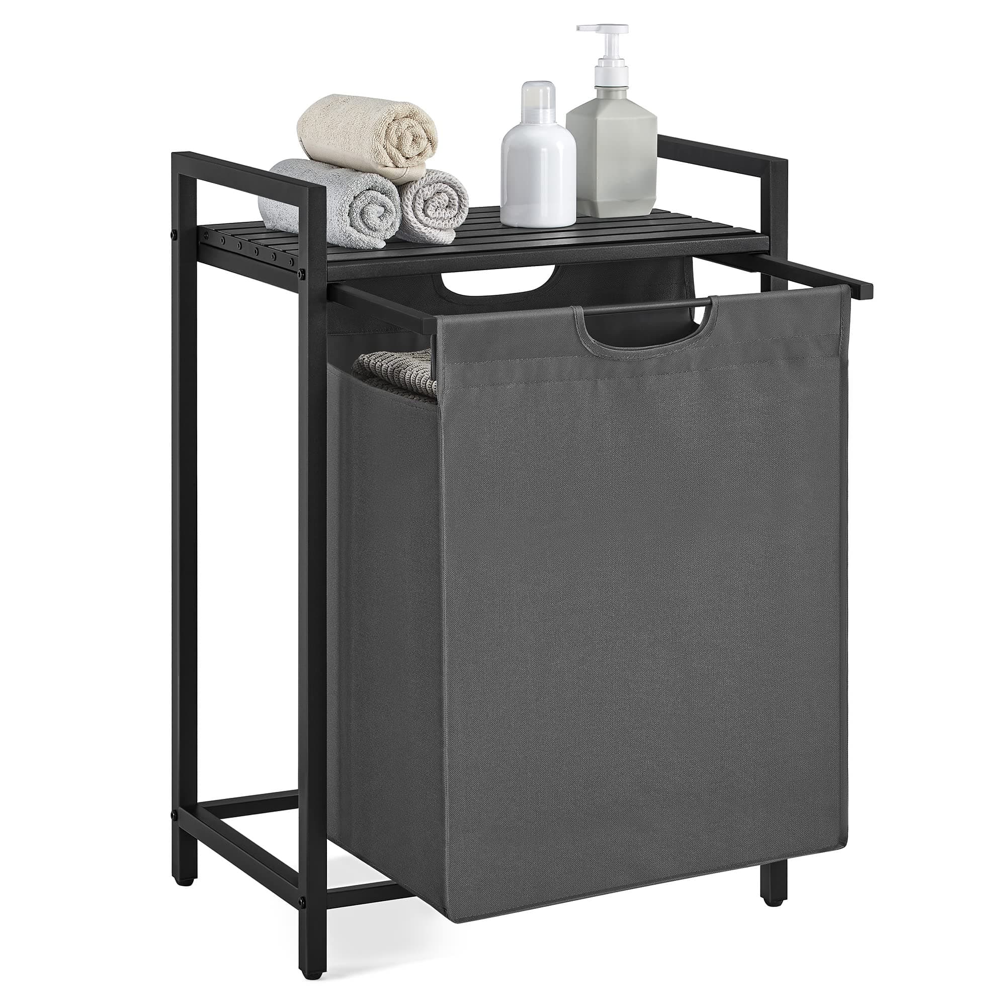 VASAGLE Wäschekorb, Wäschesammler mit Ablage, Wäschebox, Wäschesack aus Oxford-Gewebe abnehmbar, Metallrahmen, 65 L, 50 x 33 x 72 cm, schiefergrau-anthrazitgrau BLH101G01