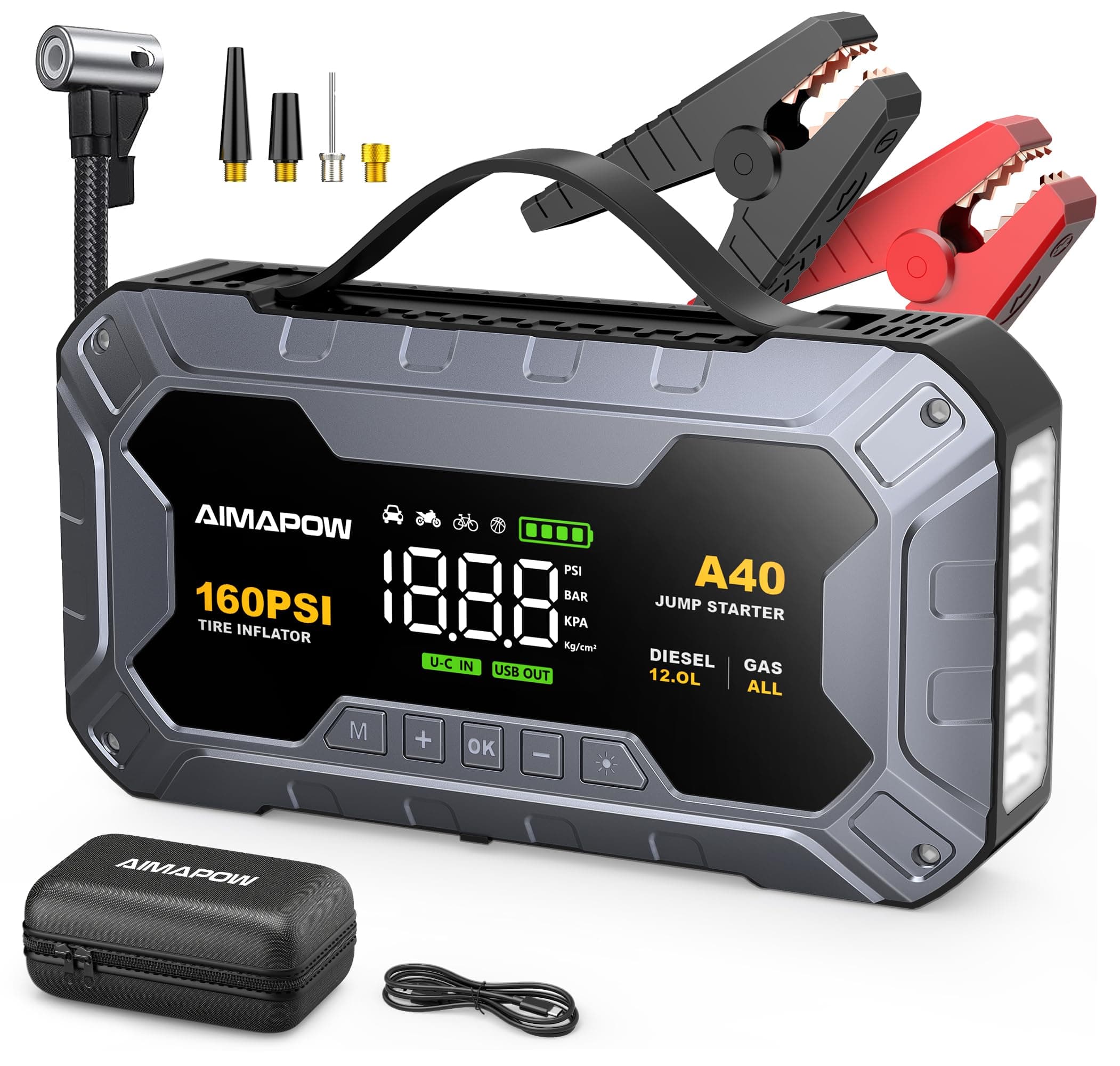 AIMAPOW Arrancador de Coches 8000A con Compresor, 160PSI Inflador de Neumáticos, Jump Starter 12V, Arrancador de Baterias de Coche(Todo Gasolina o 12L Diésel), Pantalla LCD, Luz de Emergencia