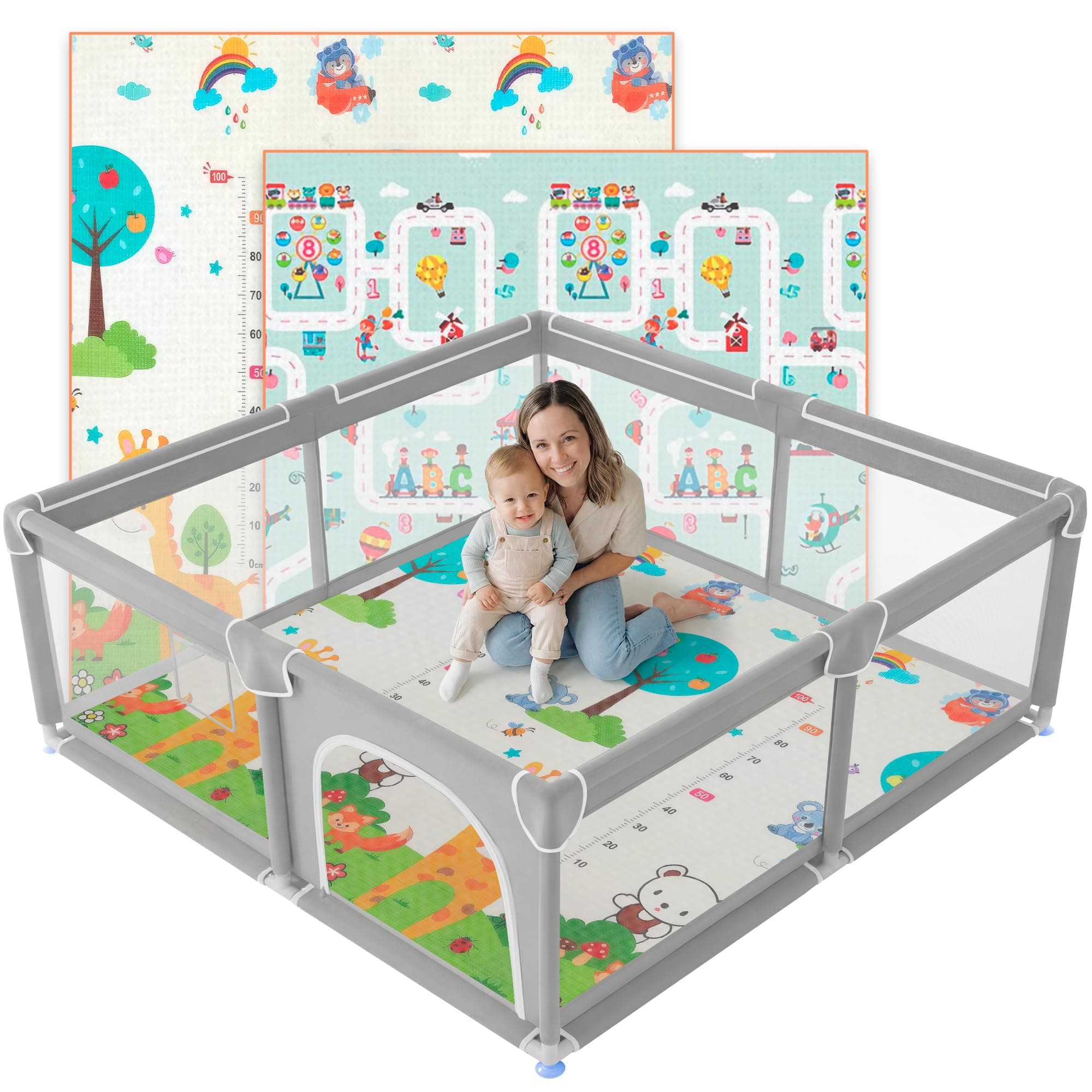 JUPPLIES Parc Bébé Sécurisé avec Tapis 120×120 cm – Aire de Jeu Carrée pour Enfant 6–24 mois, Filet Respirant 360°, Structure Stable Antidérapante, 2 Poignées Incluses
