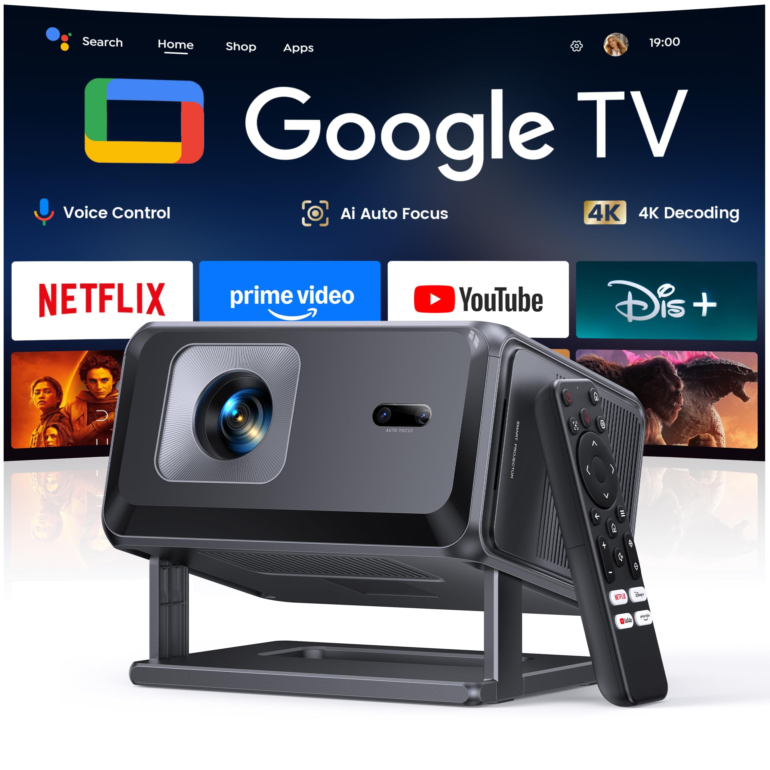 Proyector 4K【Google TV/Official Apps/Auto Focus/Keystone】Proyector Portatil App Integrada Control del lenguaje 1080P FHD Nativo,WiFi 6 & Bluetooth SmartProyector para Movil/Exterior/Cine en Casa/Techo