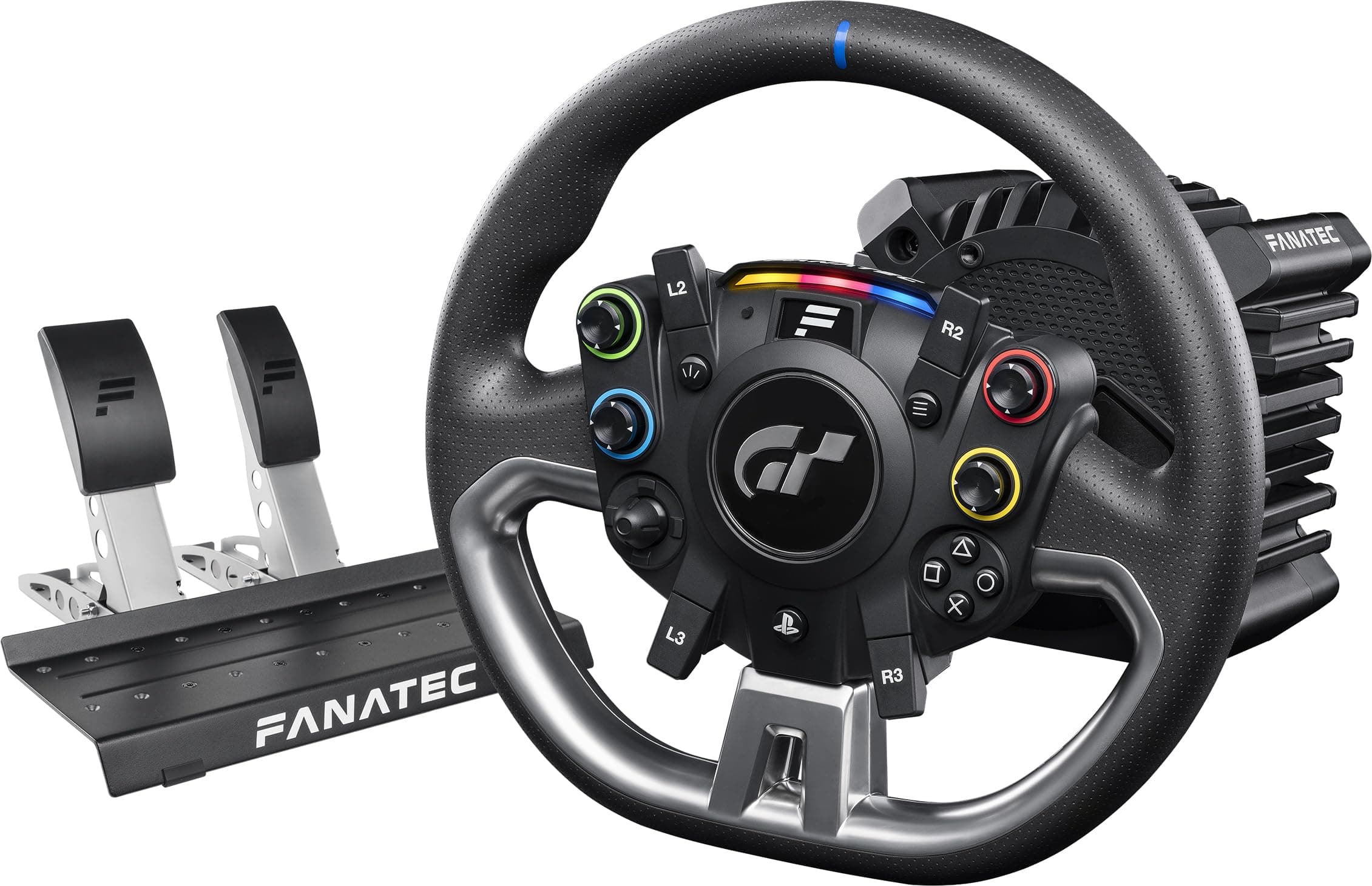 Fanatec Gran Turismo DD Pro PlayStation® Sim Volant de Course sous Licence Officielle, Empattement et Pédales – Volant Polyphony Digital, Direct Drive 5 Nm, Jeu de 2 Pédales pour PC, PS5, PS4
