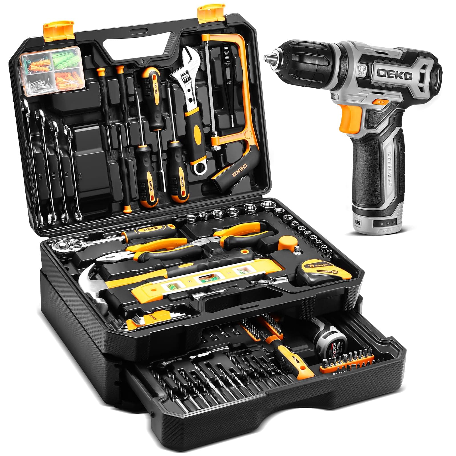 DEKO Caja Herramientas Completa Eléctricas 238 Piezas con 12V Taladro Eléctrico sin Cuerda, 10 mm Chuck sin Llave, Caja profesional de herramientas Domésticas de Bricolaje para Oficinas y Jardín