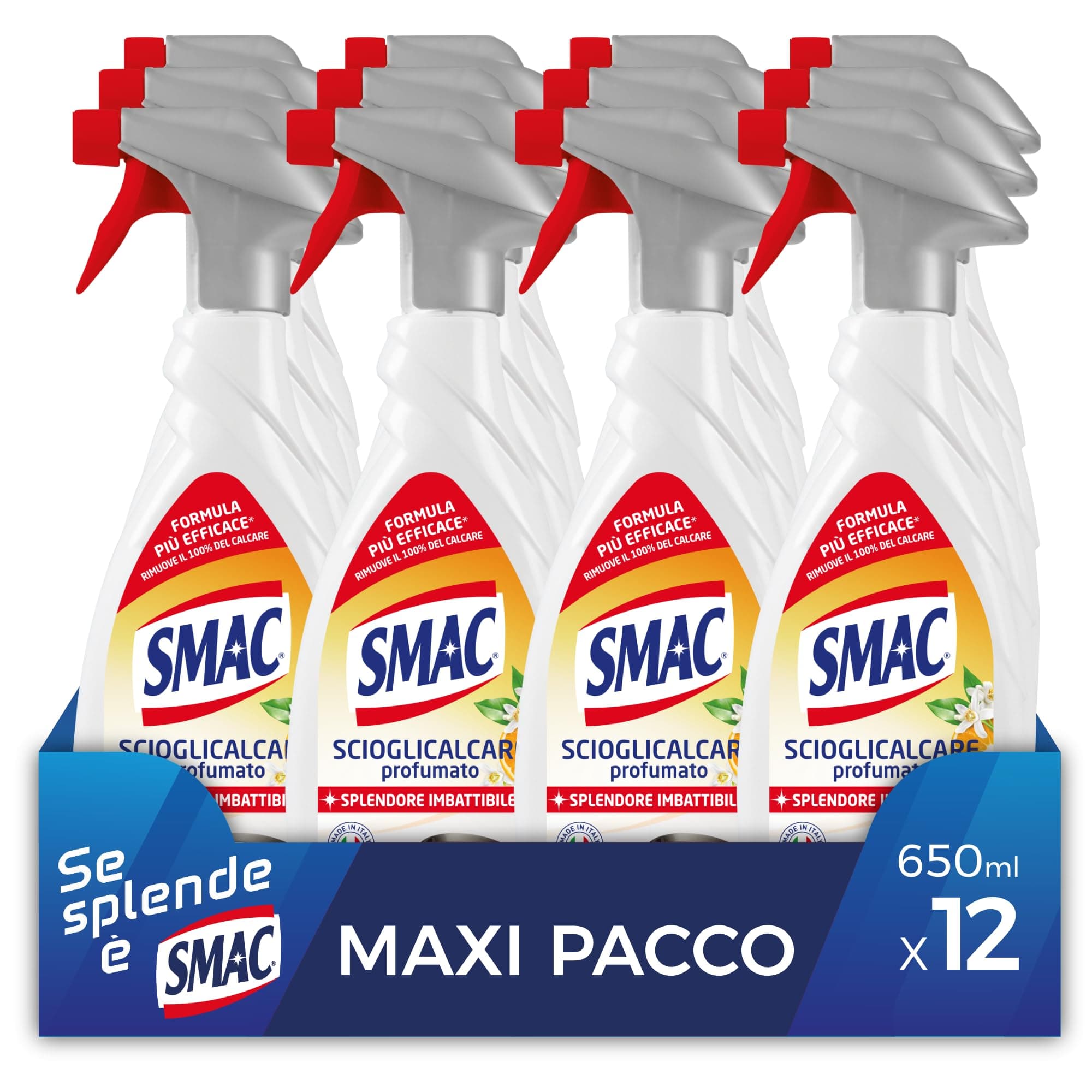 Smac - Sgrassatore Scioglicalcare Profumato, Detergente Spray Multisuperficie con Azione Anticalcare, Splendore Imbattibile, 650 ml x 12 Pezzi