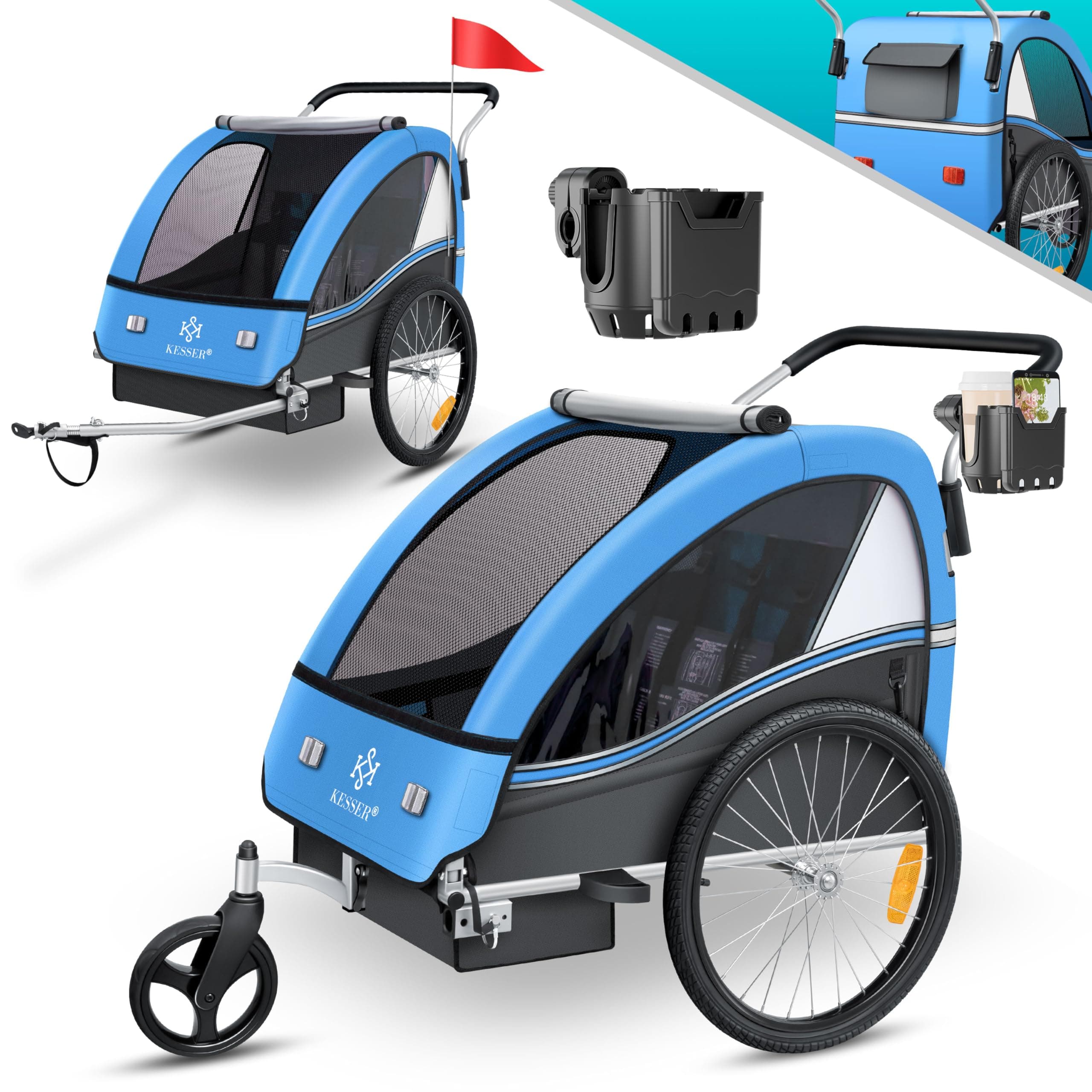 KESSER® Kinderfahrradanhänger Sport-RX 2in1 Jogger & Buggy 5-Punkt-Gurt Sicherheitsgurt 360° Vorderrad Kinderfahrradanhänger Reflektoren für 1-2 Kinder (max. 40 kg) Getränkehalter & Smartphonefach