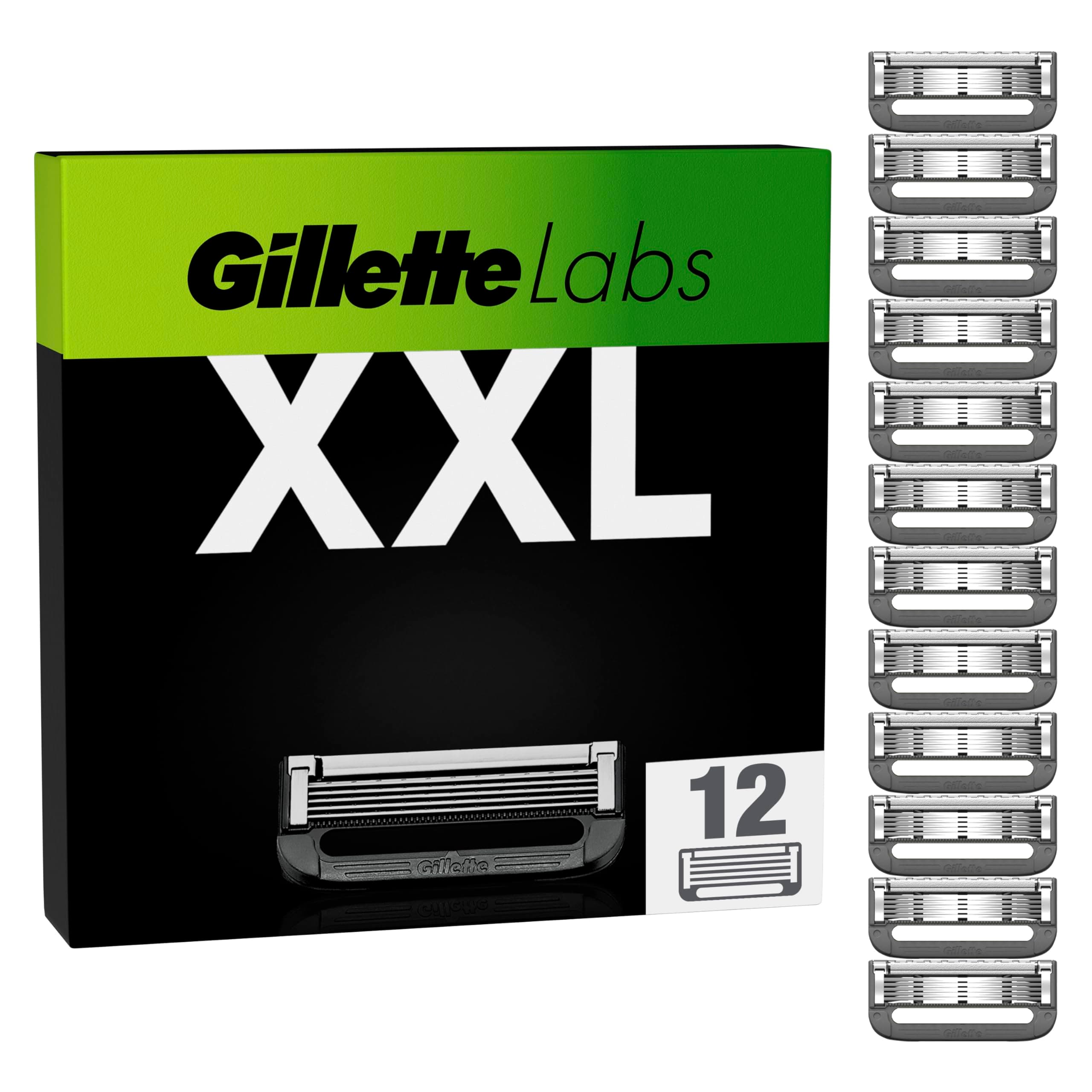 Gillette Labs XXL 12 Lamette Gillette Da Barba di Ricambio per Rasoio Barba Manuale, da 5 Lame Affilate in Acciaio, Comfort e profondità, Compatibile con i Rasoi Labs, Idea Regalo