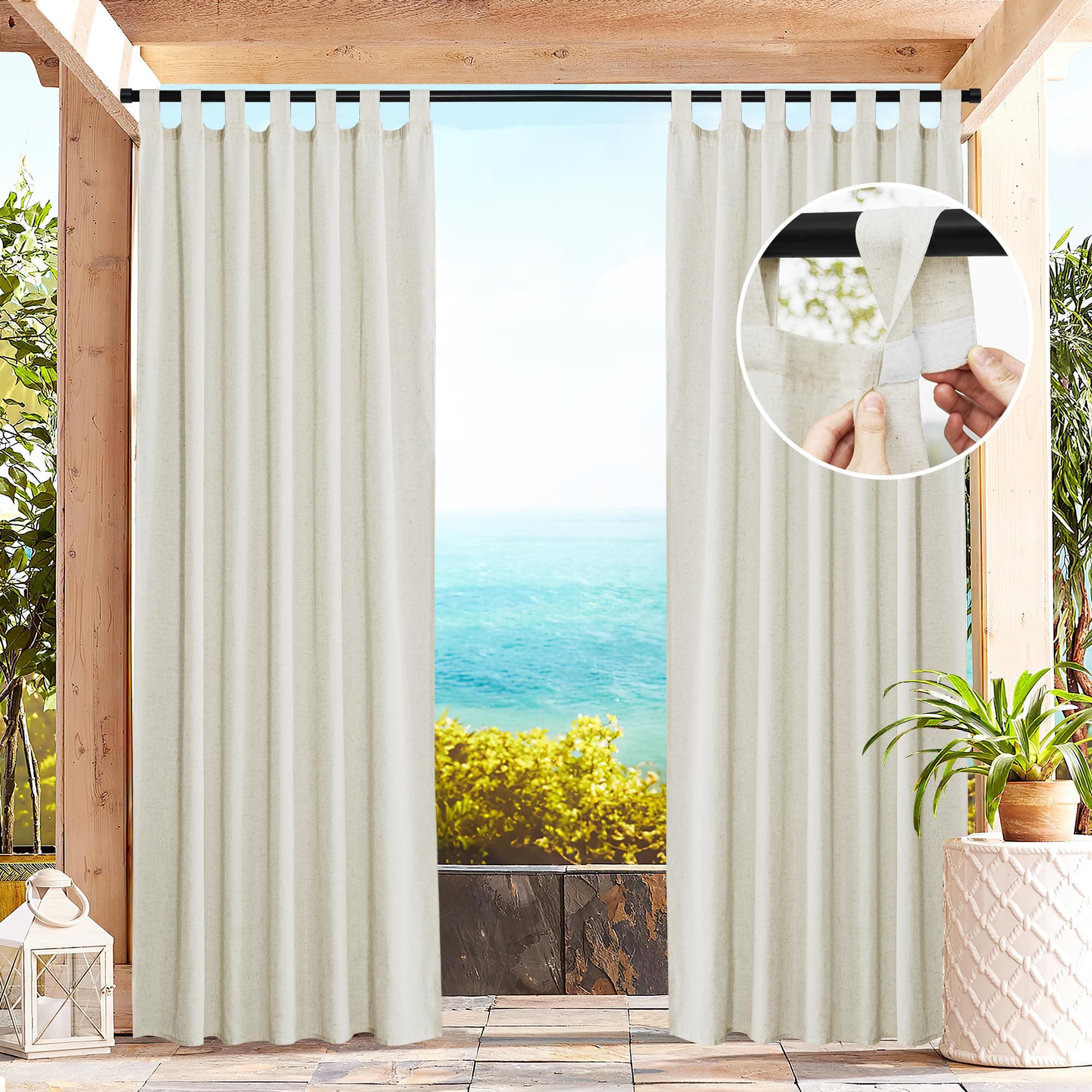 PONY DANCE Outdoorvorhänge mit Klett-Schlaufen 2er Set H 213 x B 140 cm Terrasse Vorhänge Wasserdicht Leinen Gardinen Beige Halbtransparent Balkon Vorhang Outdoor Curtains für Pavillon
