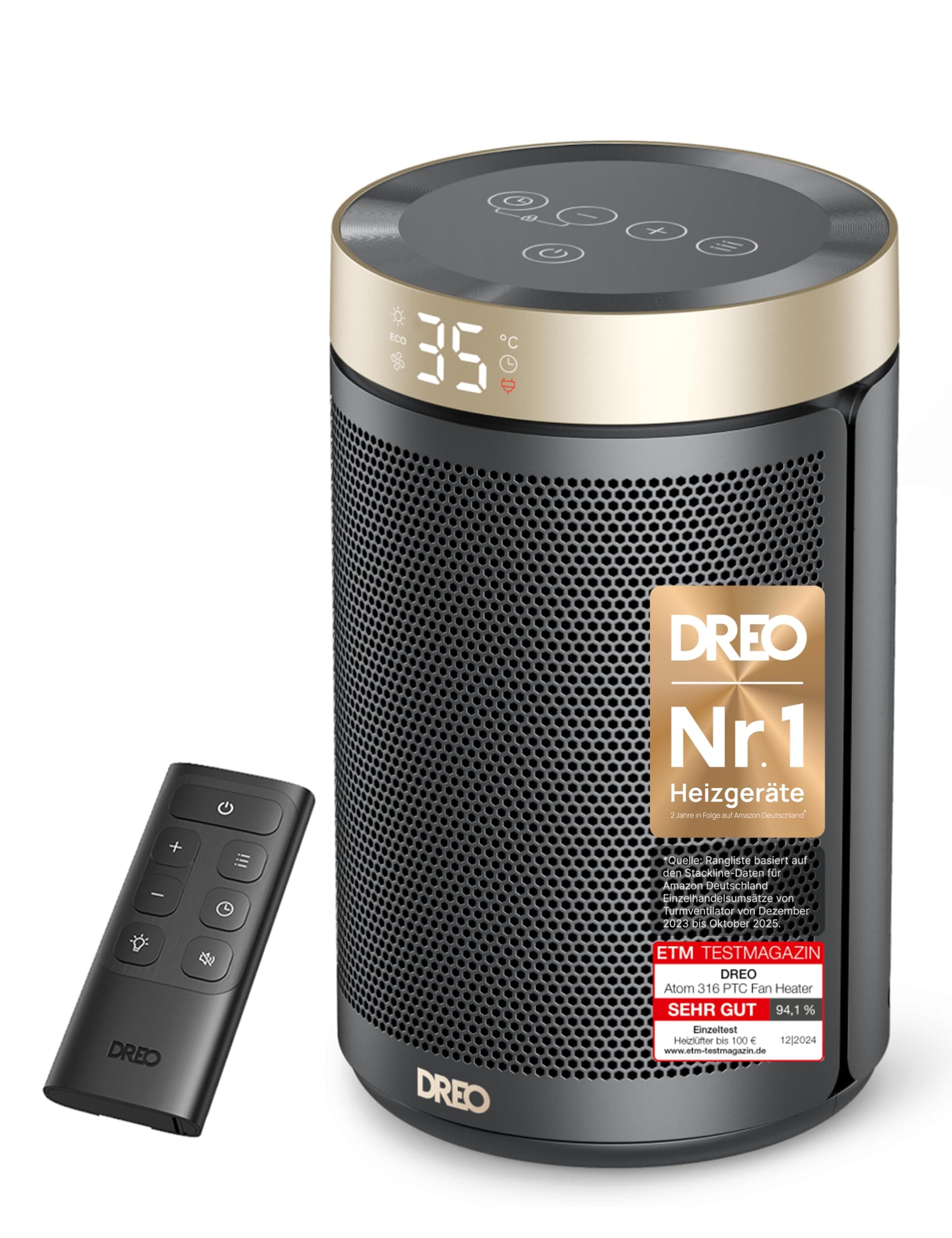 Dreo Energiesparender Heizlüfter, 34 dB Leiser 1500W Elektrischer PTC Keramik, Thermostat, Überhitzungs- & Kippschutz, 12 Std. Timer, Elektroheizung für Räume Schlafzimmer, Heater 316, Gold