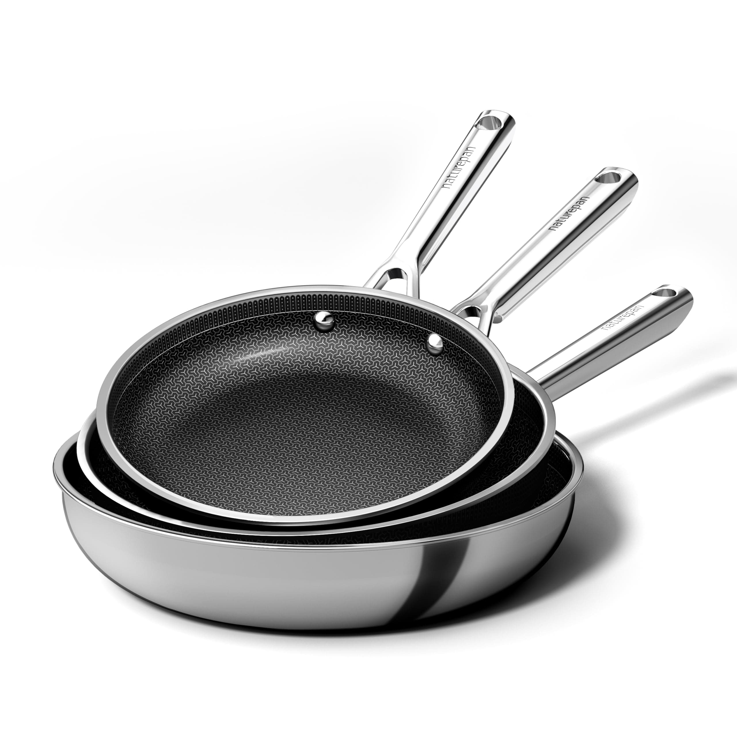 naturepan DiamondTitan Set 3 Sartenes Acero Inoxidable (20+24+28 cm), Sartén de Cerámica Antiadherente, para Todas Cocinas, Estructura Panal Láser, Mango Fresco, Lavavajillas