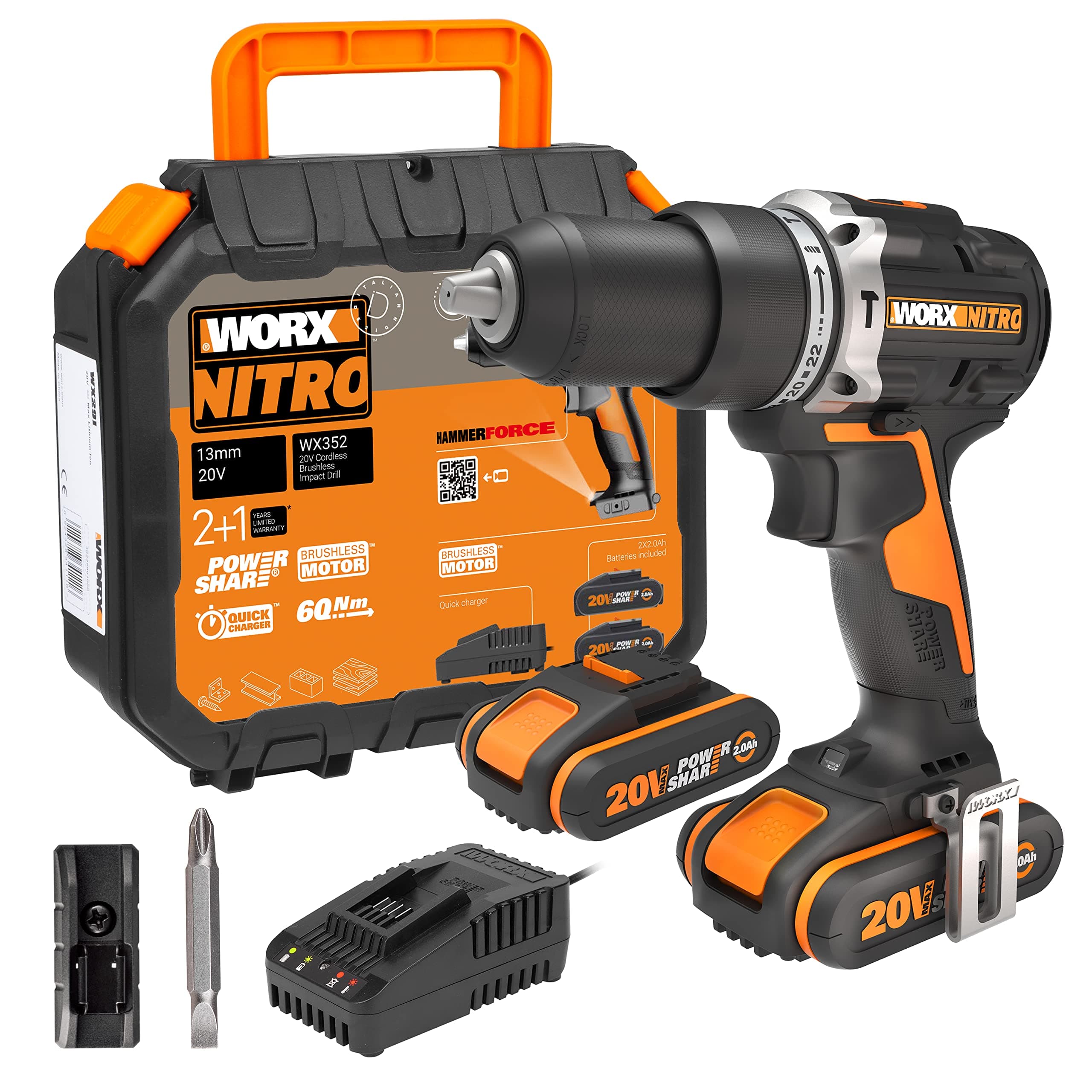 WORX WX352 Trapano avvitatore con percussione brushless 60nm-20V con 2.0 batterie da 2.0Ah