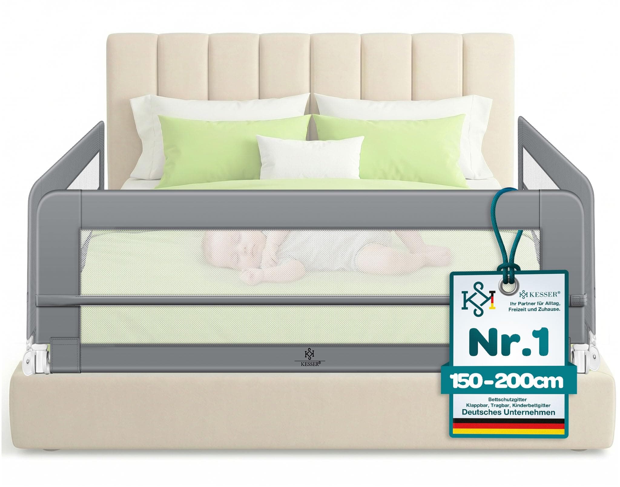 KESSER® Bettgitter 200 cm Bettschutzgitter Kinderbettgitter für Kinder Babybettgitter Klappbar, Tragbar, Kinderbett Kinderbettschutzgitter Rausfallschutz, Bett & Elternbett hoch: 42 cm, Hellgrau