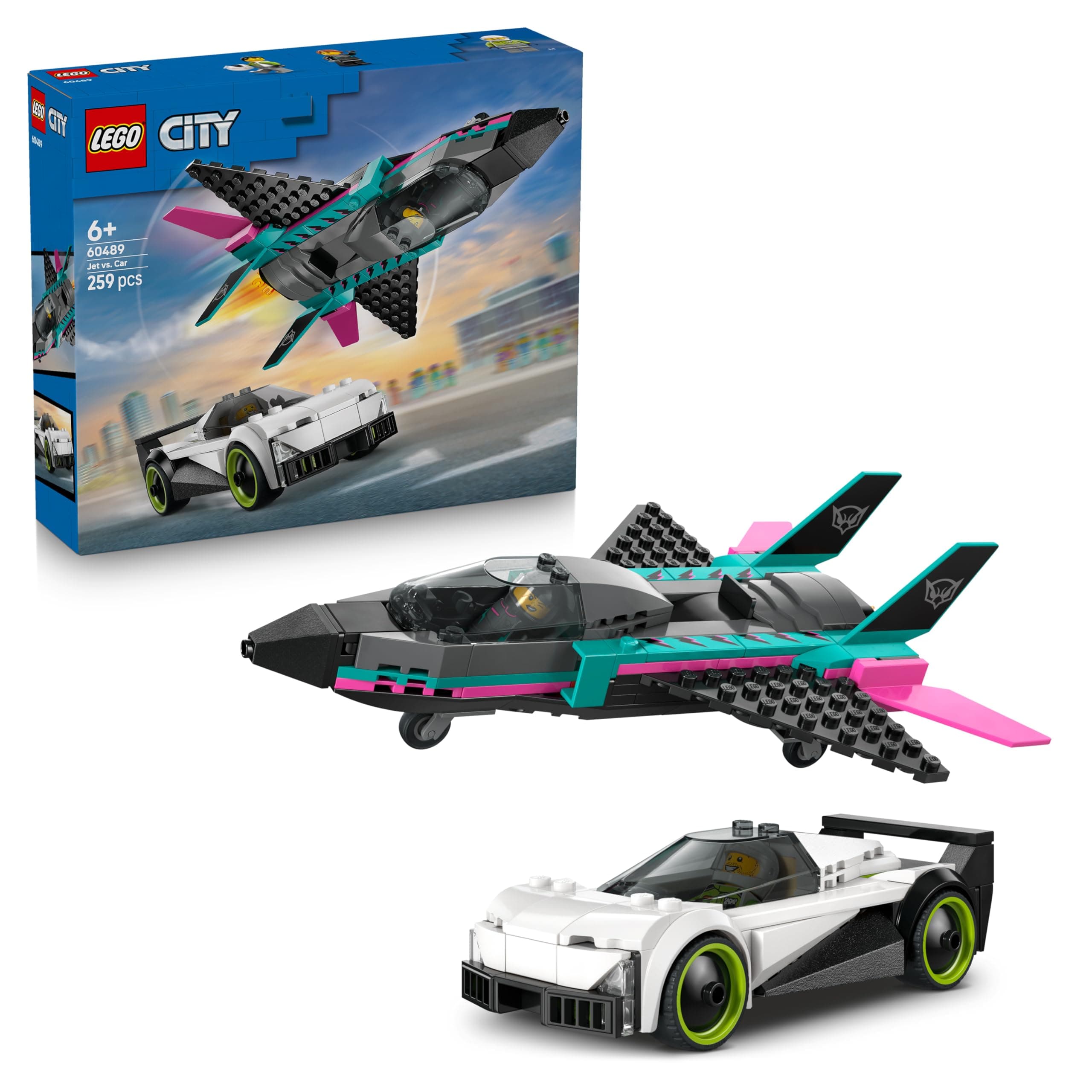 LEGO City Jet vs. Coche de Juguete - Kit de Maquetas de Avión, Supercoche de Carreras y Minifiguras de Piloto y Conductor - Regalo de Cumpleaños para Niños de 6+ Años - 60489