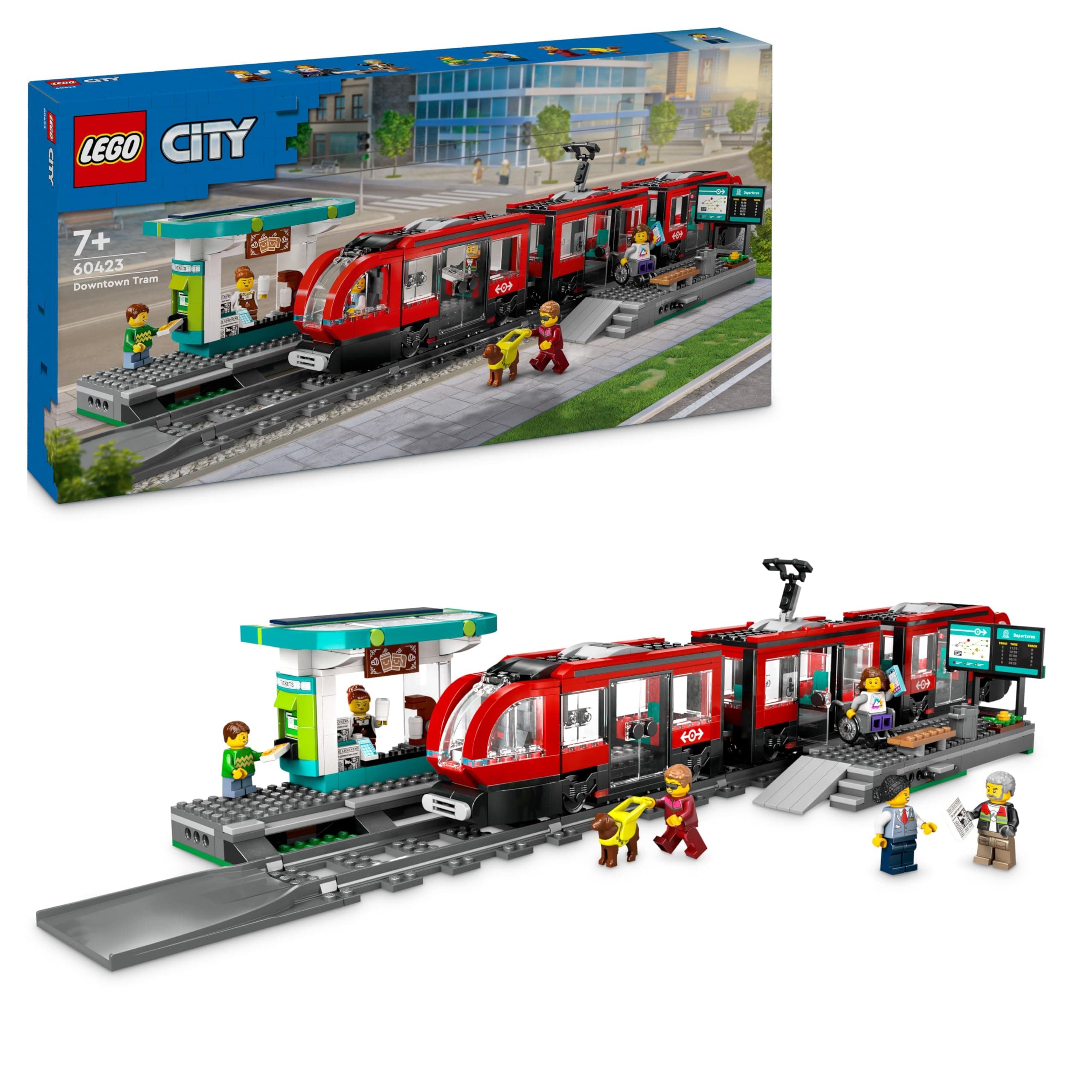 LEGO City Tranvía y Estación del Centro, Regalo para Niños y Niñas de 7 Años o Más Fans de los Trenes de Juguete, 6 Minifiguras y Figura Animal de un Perro Guía 60423