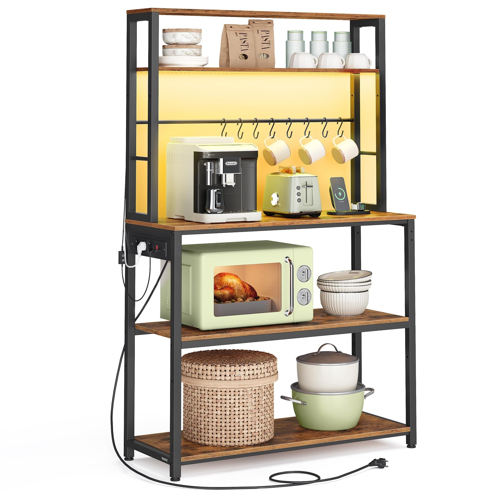 VASAGLE Scaffale da Cucina con LED, Scaffale per Microonde con Multipresa, Ripiani Regolabili, 8 Ganci, 40 x 80 x 168,4 cm, Marrone Vintage e Nero Opaco KKS050KD01