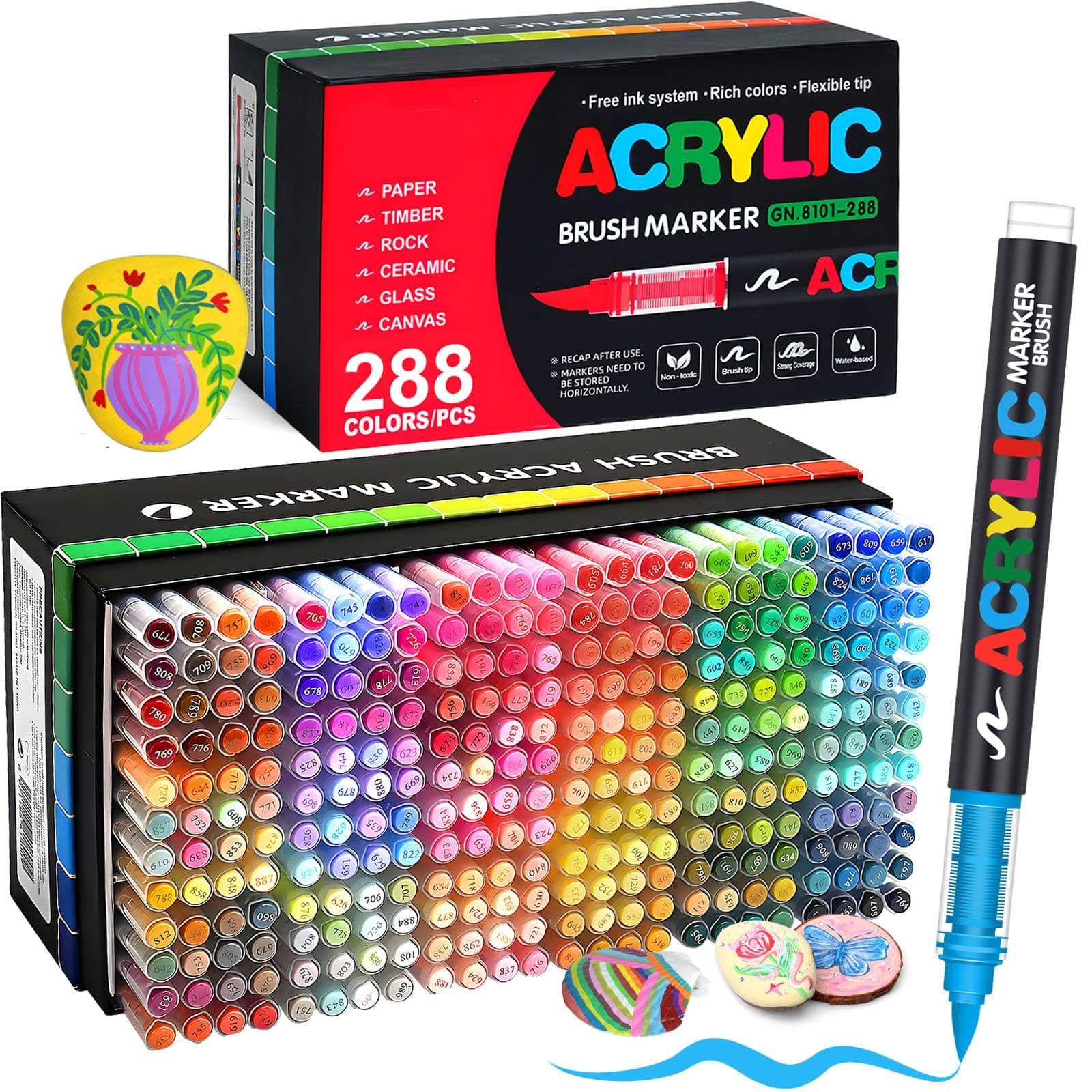 Lot de 288 Acrylic Paint Pens · Marqueurs Acryliques à Pointe Pinceau · Stylo Peinture Acrylique Adulte · Encre à l'Eau pour Surfaces Multiples : Pierre, Verre, Tissu, Bois, Toile · Idée Cadeau