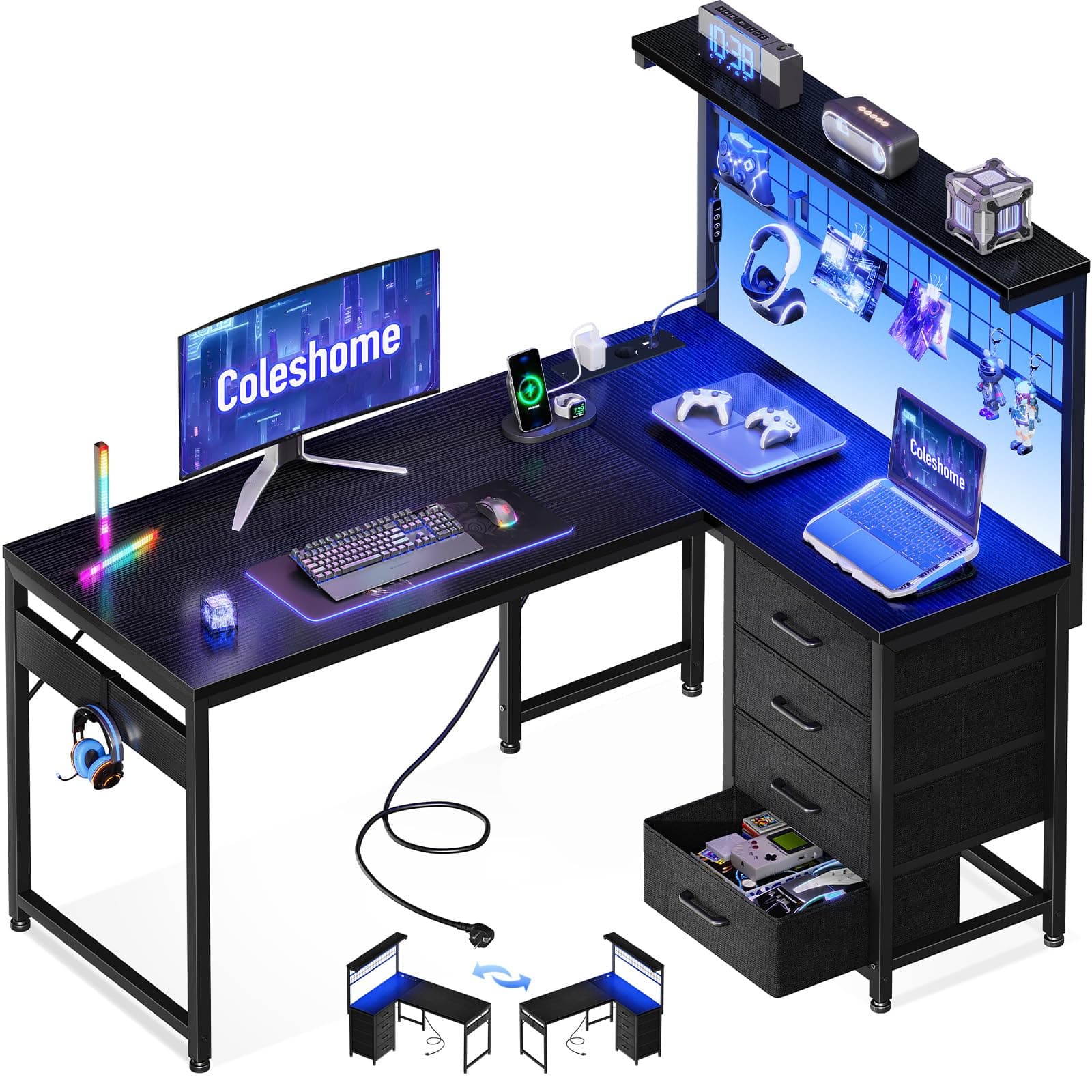 Coleshome Escritorio Gaming en L con 4 Cajones, 130x100cm Escritorio Gamer con LED y Enchufes, Escritorio Esquinero Mesa Gaming con Estanteria para Juegos Oficina en Casa, Negra
