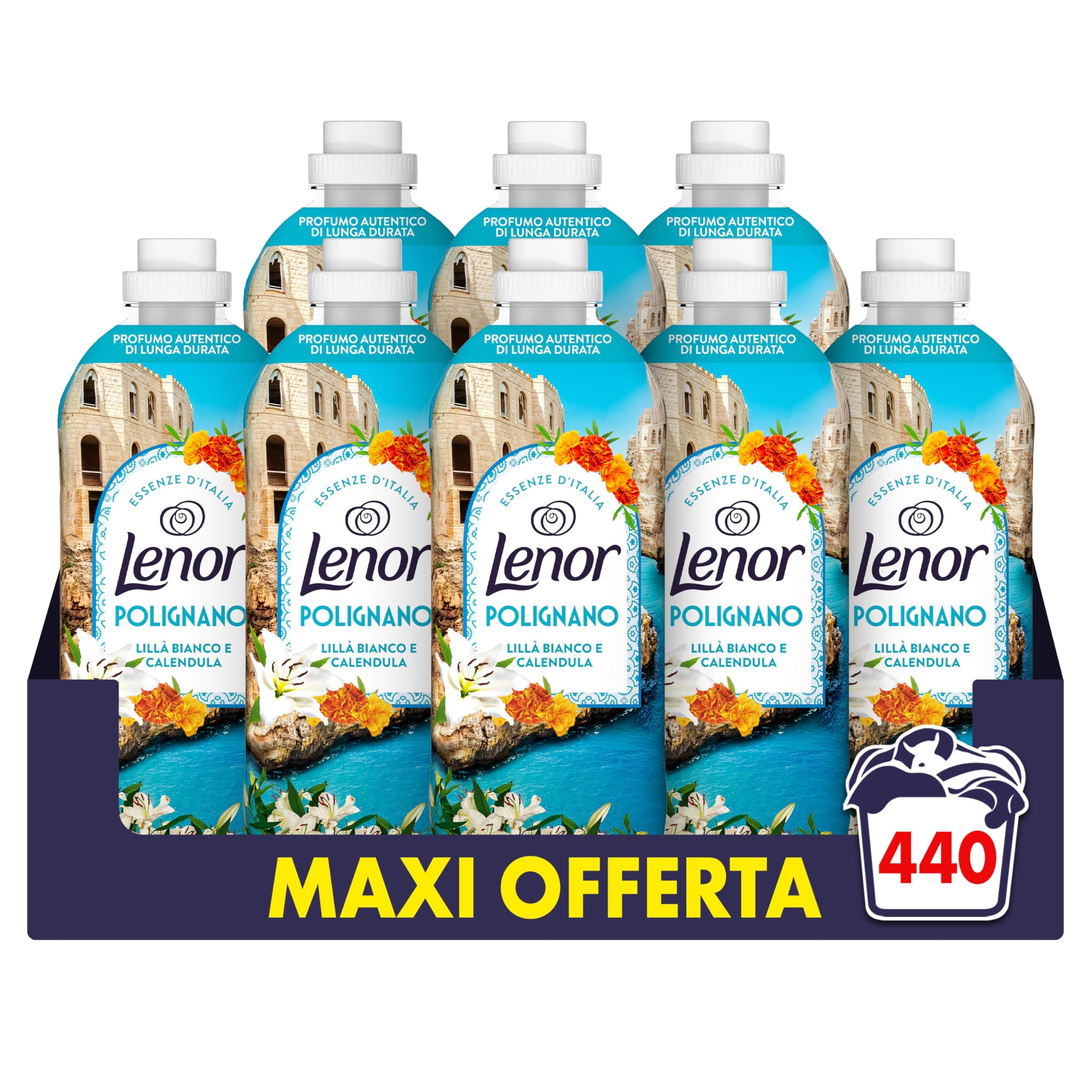 Lenor Ammorbidente Concentrato Essenze d’Italia, 440 Lavaggi (8x55), Polignano, Note di Lillà e Calendula, Profumo autentico di lunga durata