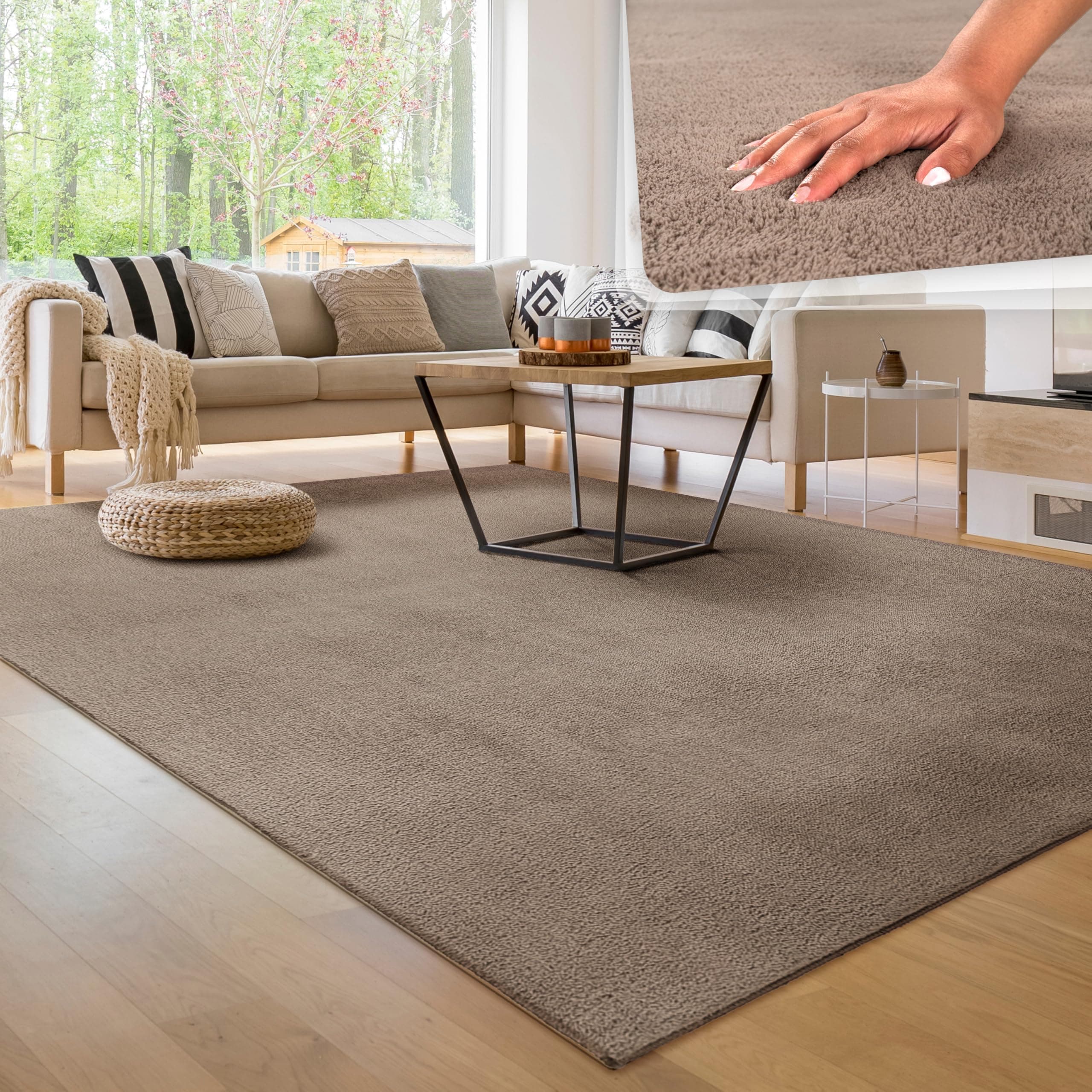 Paco Home Moderner Kuscheliger Wohnzimmer Teppich Kurzflor waschbar flauschig Weich Einfarbig Felloptik zeitlos stilvoll rutschfest pflegeleicht, Grösse:160x220 cm, Farbe:Taupe
