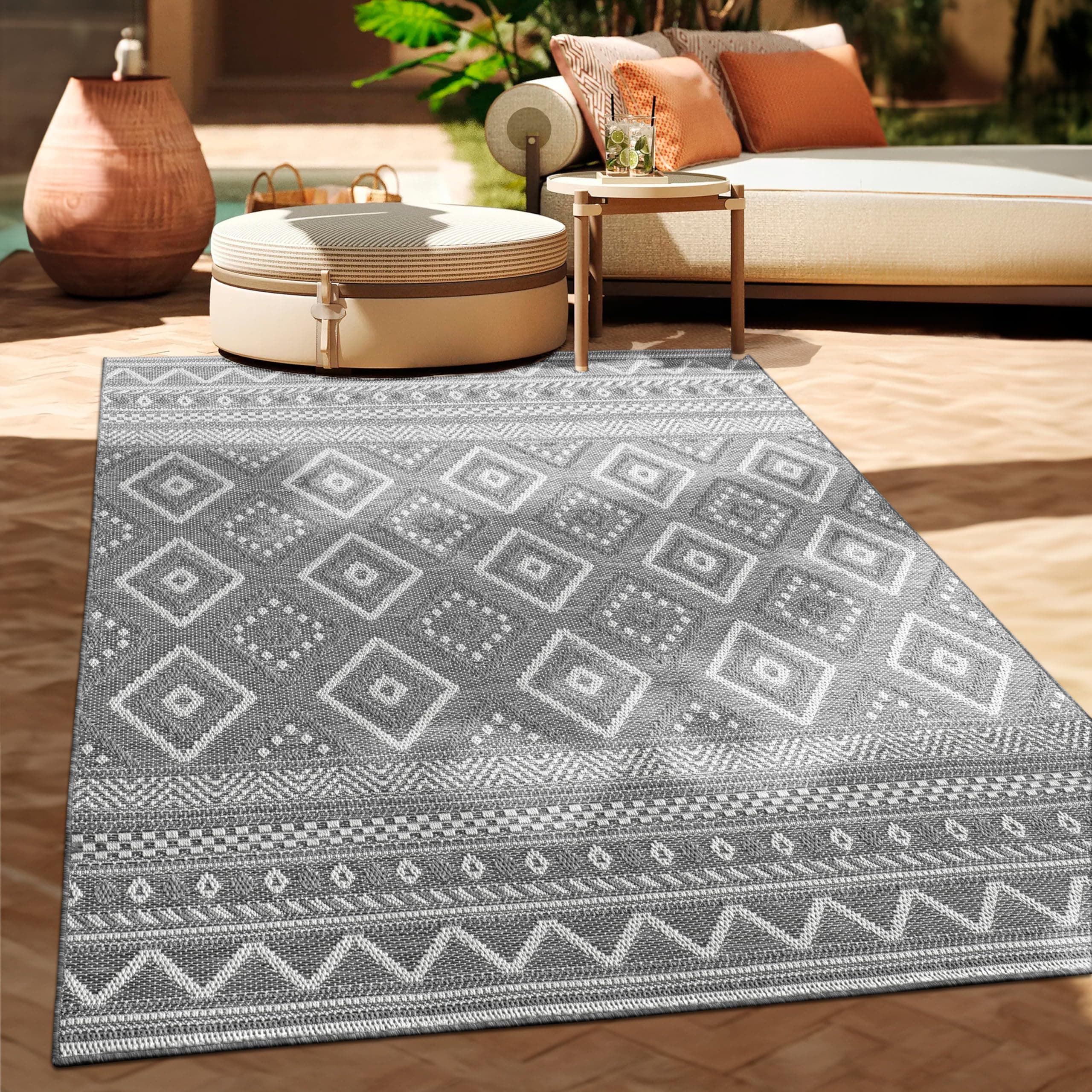 Paco Home Outdoor Teppich Flachgewebe Modern Boho-Style wetterfest & UV-beständig Ideal für Terrasse Balkon Wohnzimmer & Küche, Grösse:160x220 cm, Farbe:Grau 2