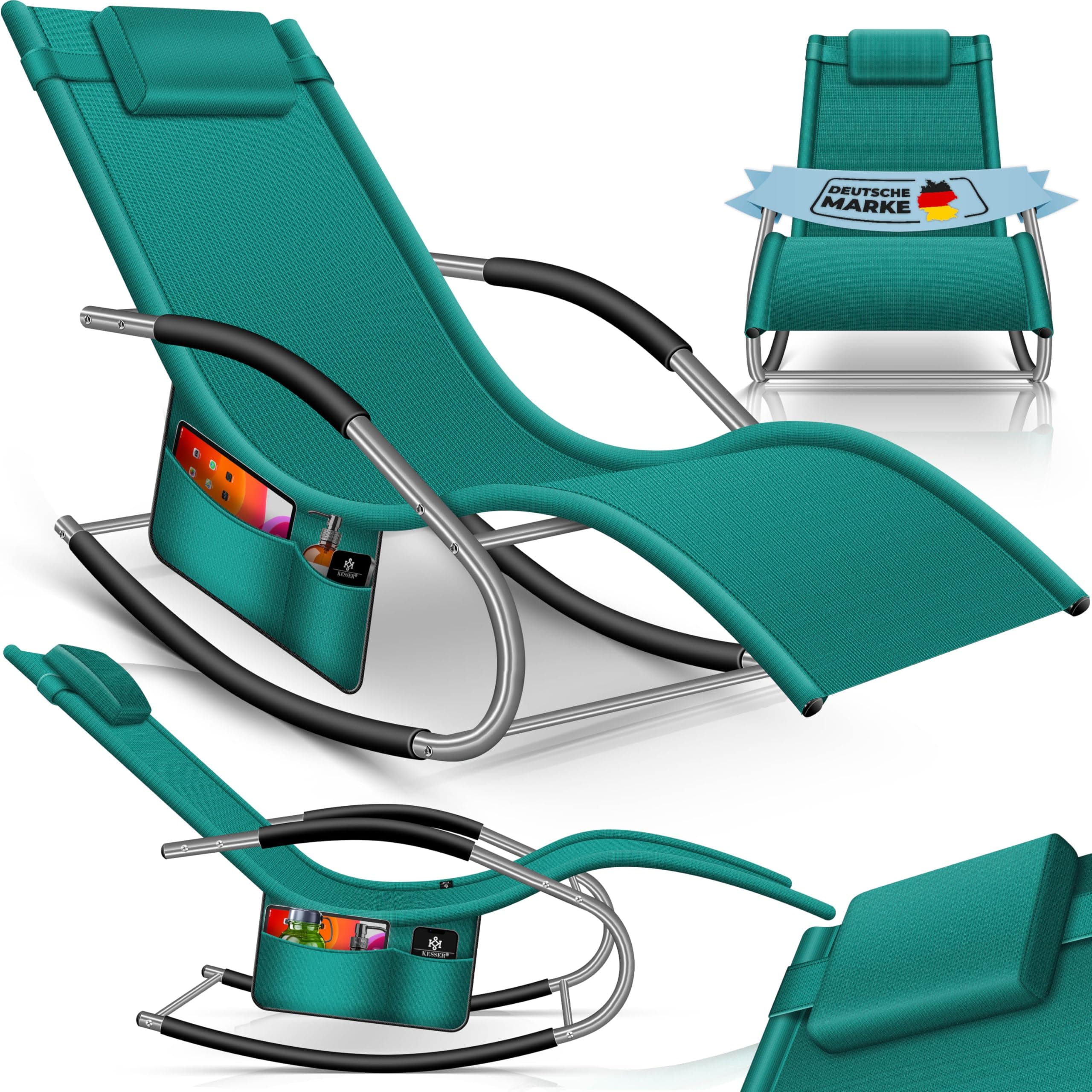 KESSER® Sonnenliege Relaxliege Schwungliege | Gartenliege | Gartenstuhl | Liegestuhl | Schaukelsessel | ergonomische Relaxsessel | Kopfkissen | wetterfest | 150 kg Belastung | Petrolgrün