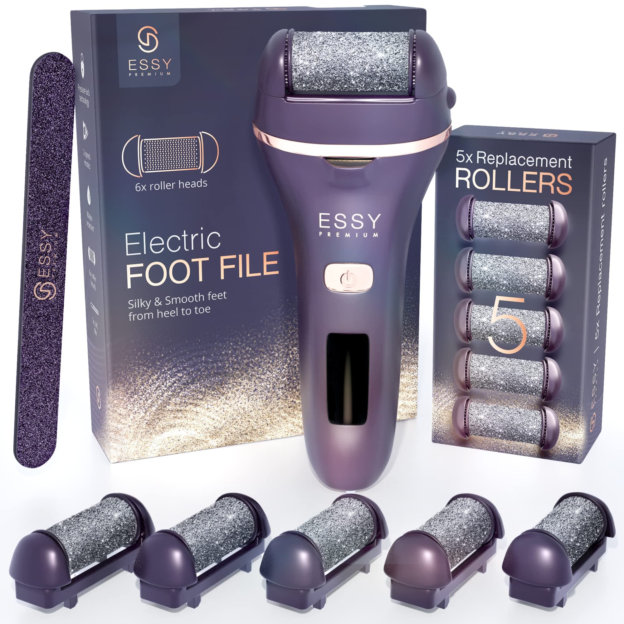 Essy Pedicure Elettrica Professionale Piedi con 5 Rulli Sostituibili Rimuovi Calli Piedi Elettrico Fresa Lima Talloni Cura Pulizia Calli e Duroni Rimozione Pedicure Macchinetta Professionale (Viola)