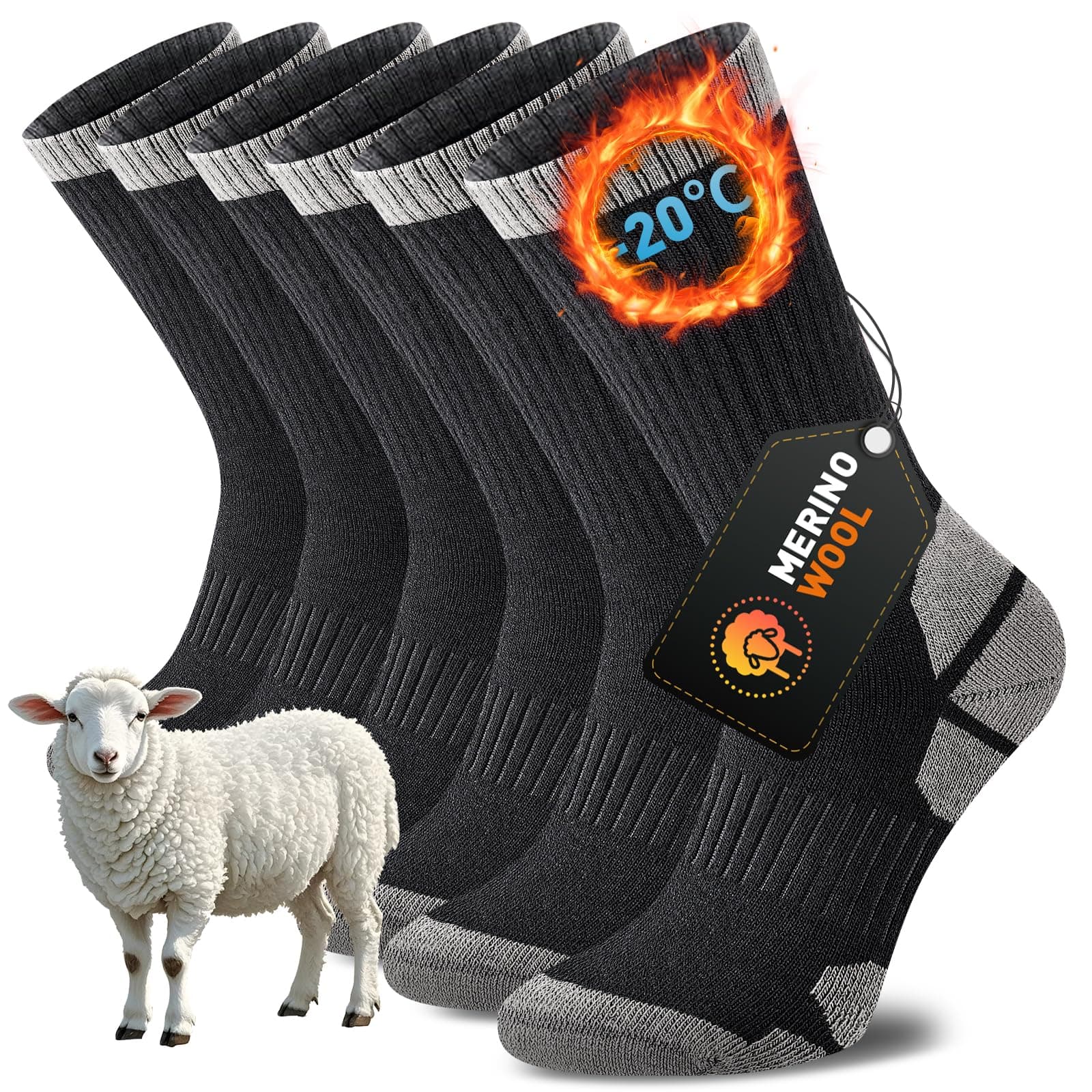 Niorasen Chaussettes Laine Mérinos Homme Femme, Chaussettes de Randonnée Épaisses, Sport Anti-Odeur, Absorption de la Sueur, Confort Anti-Ampoules, 3 Paires