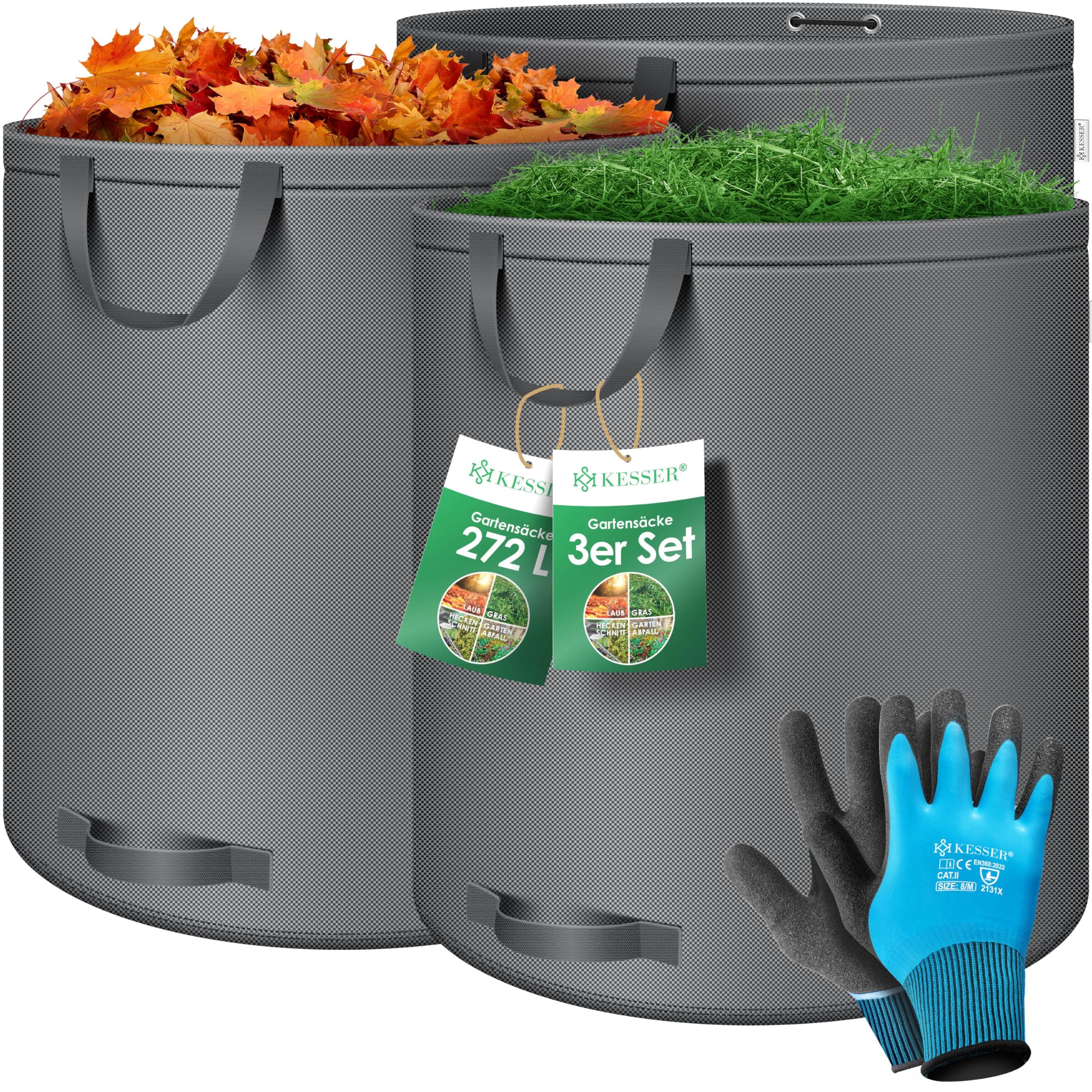 KESSER® Gartensack 3x 272L Set Laubsack Gartenabfallsack inkl. Handschuhe - Selbststehend 4 Griffe Stabil Robust & Faltbar - Laubsäcke Rasenschnitt Gartensäcke für Gartenabfälle Grünschnitt Anthrazit